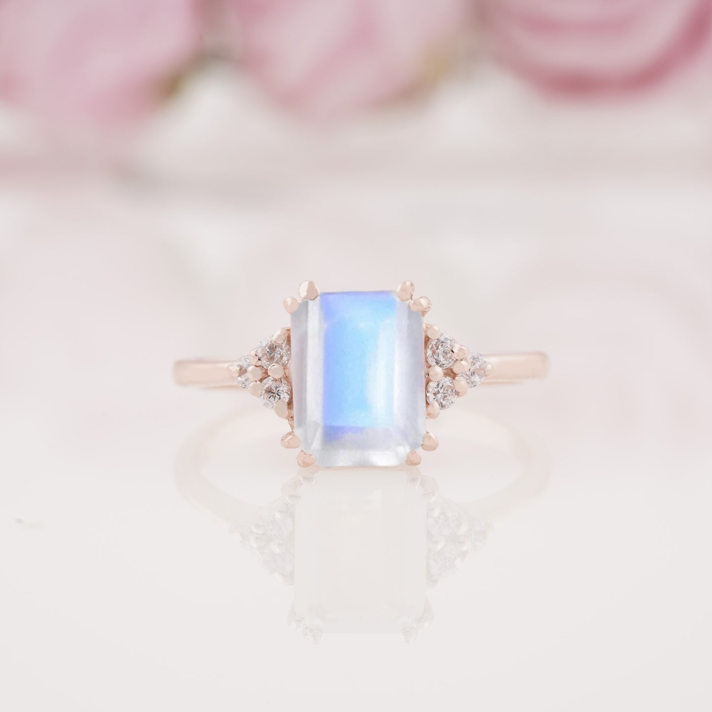 Emerald Cut Lab Grown Moonstone and Side Moissanite Engagement Ring