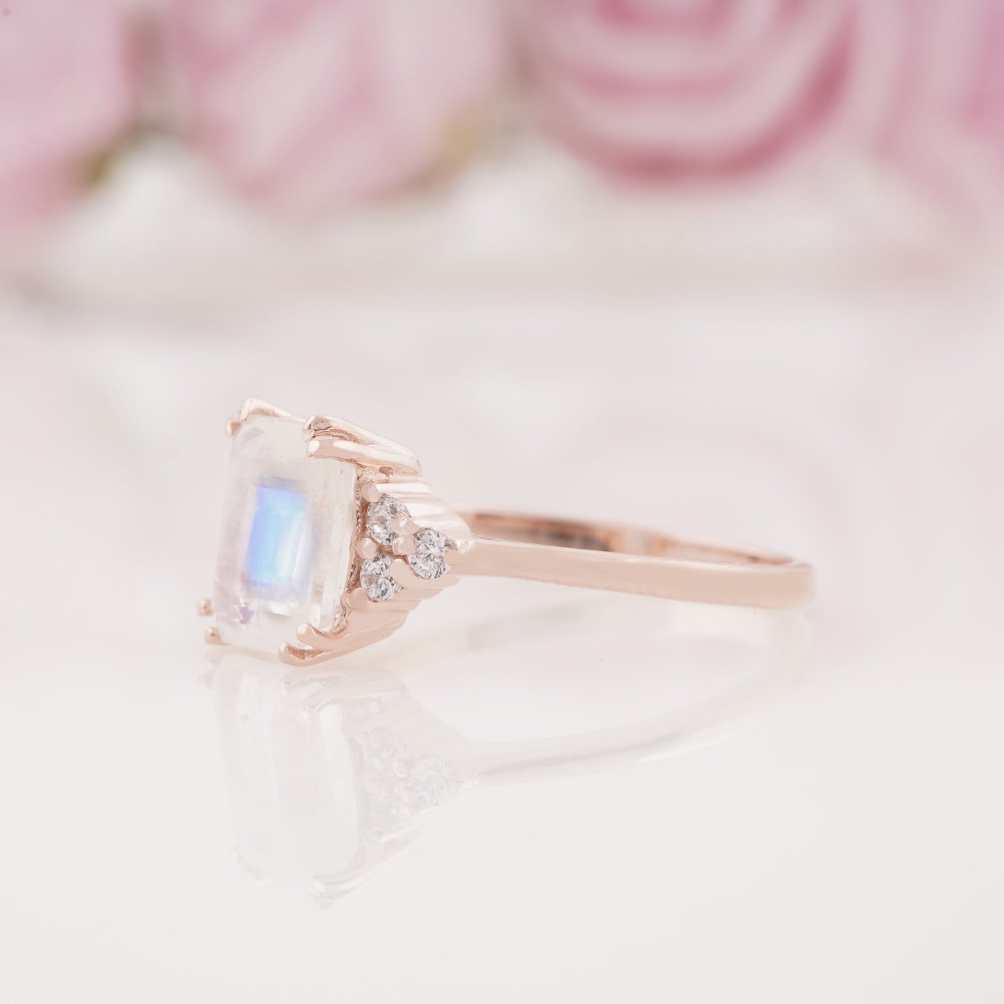 Emerald Cut Lab Grown Moonstone and Side Moissanite Engagement Ring