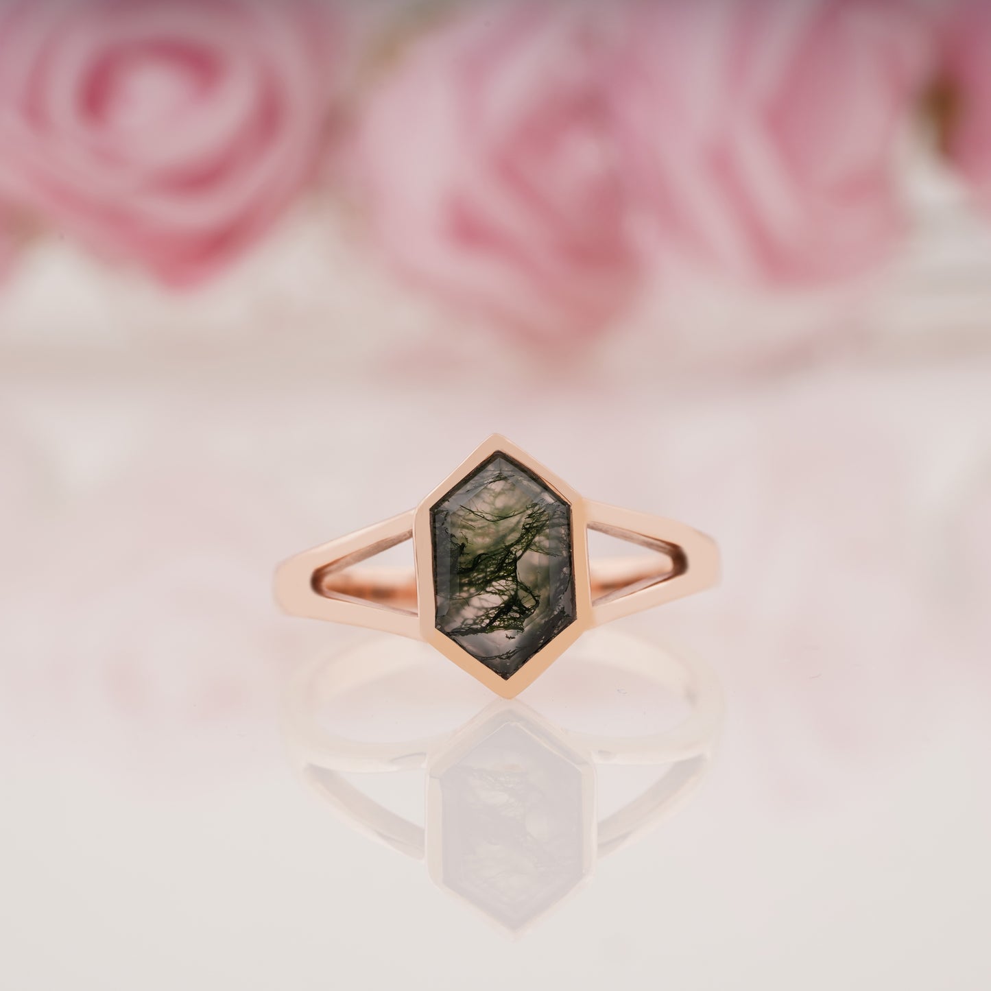 Unique Hexagon Cut Moss Agate Engagement Ring