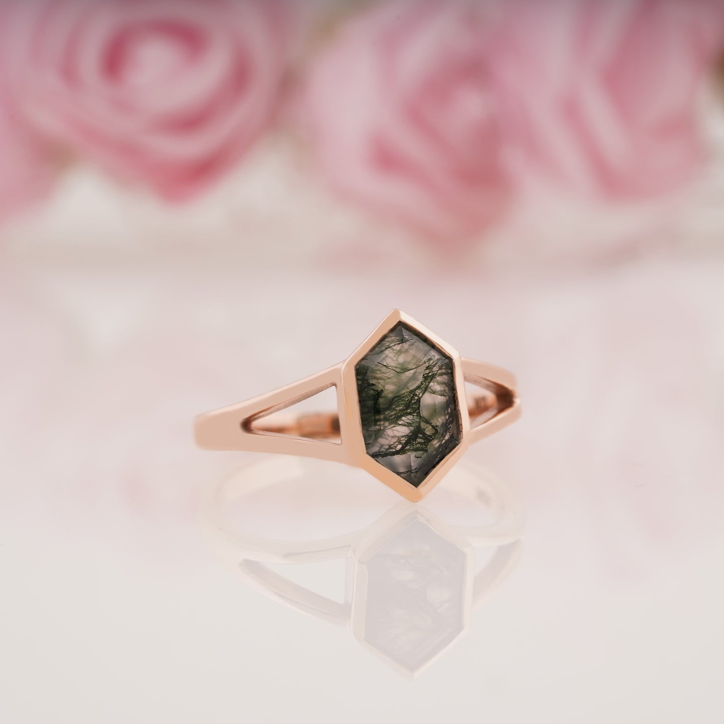 Unique Hexagon Cut Moss Agate Engagement Ring