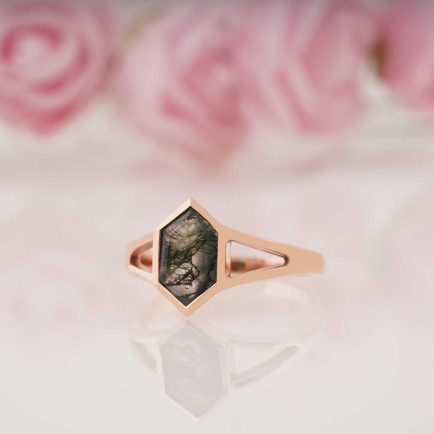 Unique Hexagon Cut Moss Agate Engagement Ring
