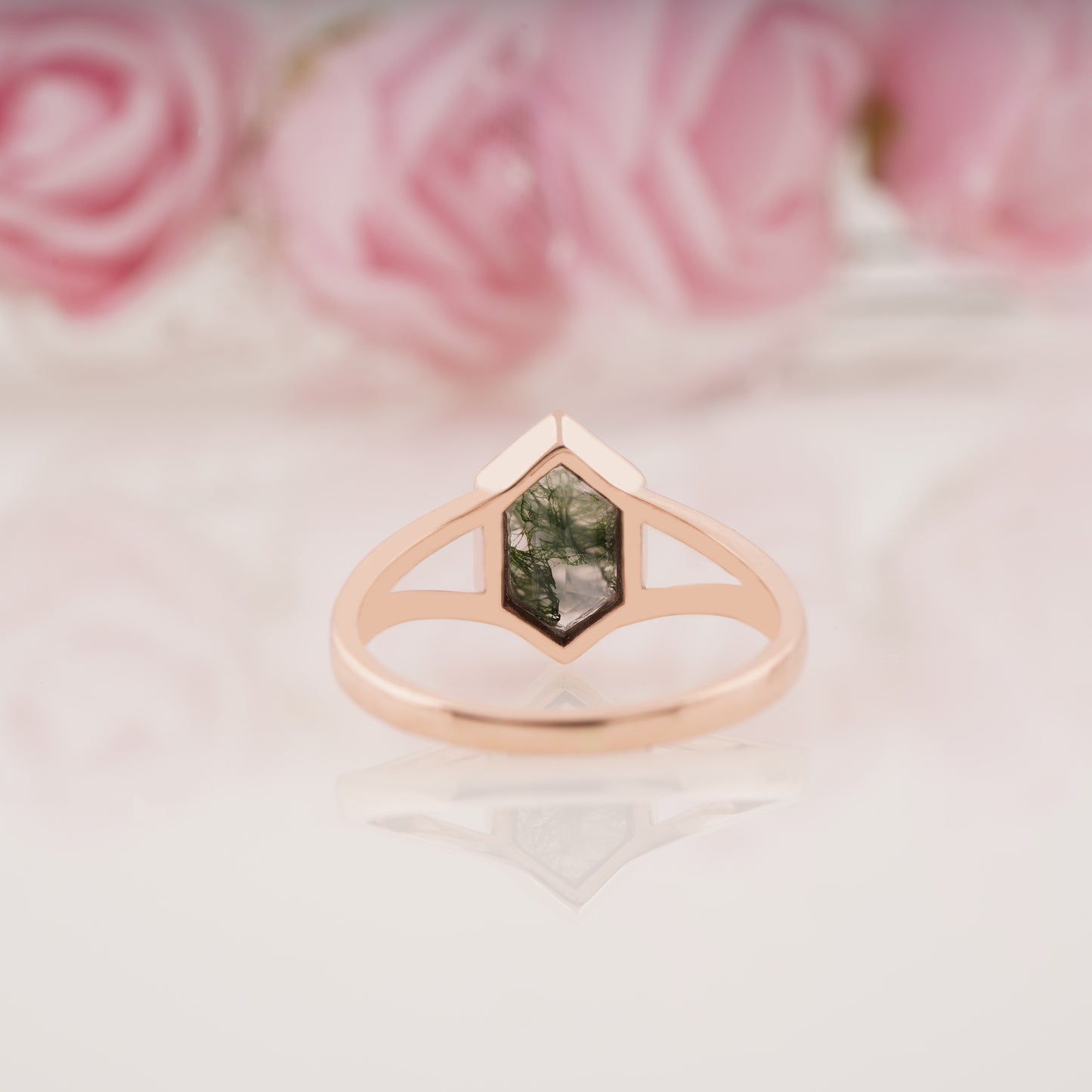 Unique Hexagon Cut Moss Agate Engagement Ring