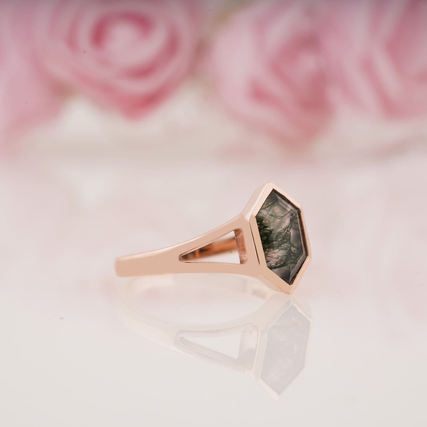 Unique Hexagon Cut Moss Agate Engagement Ring