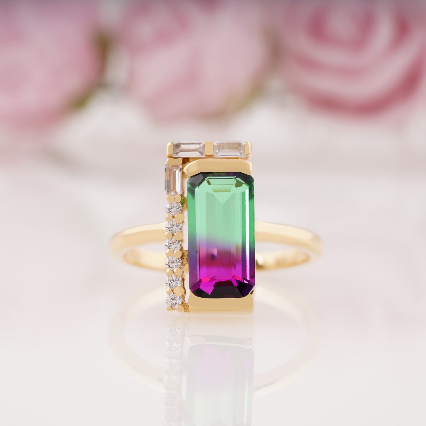 Watermelon Tourmaline Bicolor Art Deco Baguette Engagement Ring