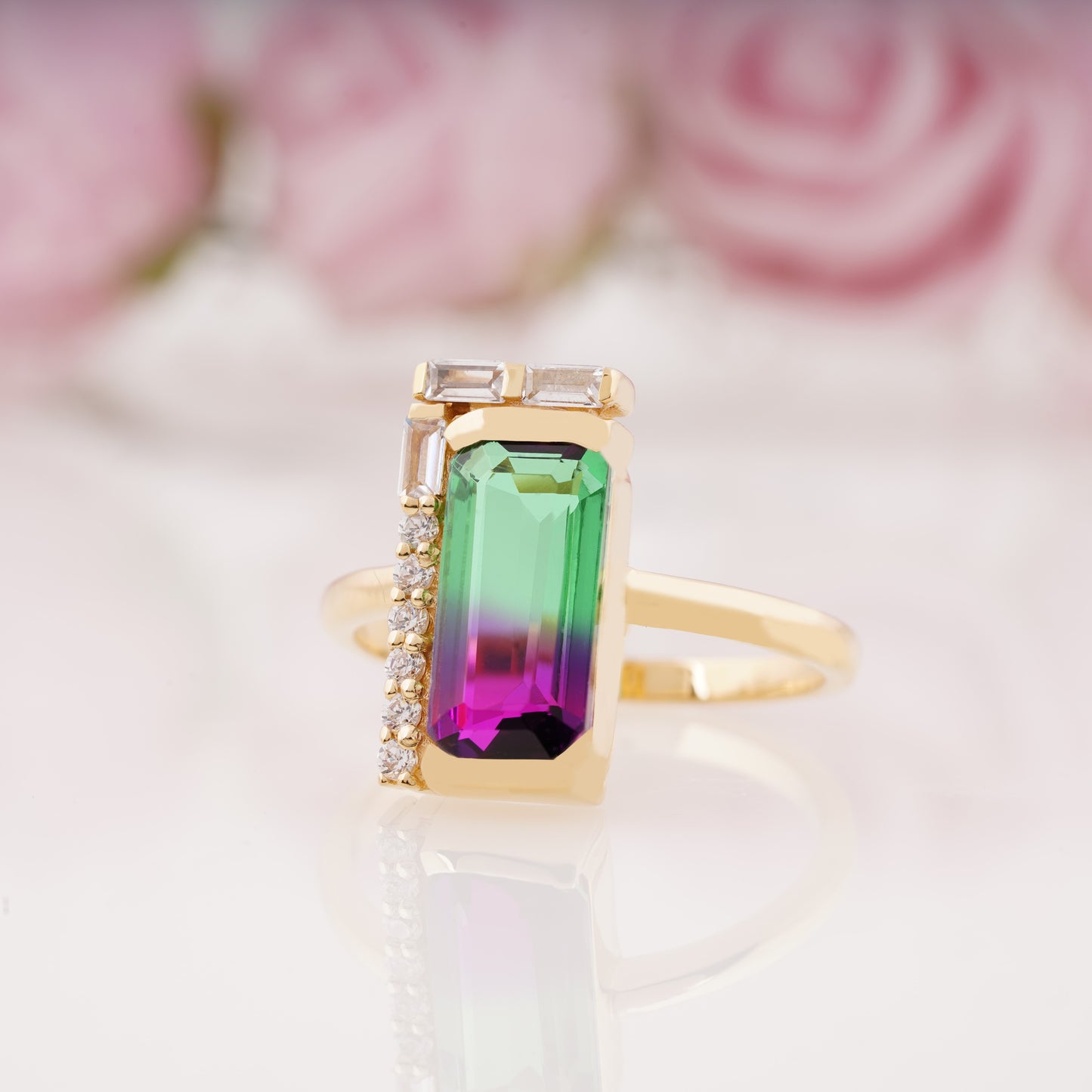 Watermelon Tourmaline Bicolor Art Deco Baguette Engagement Ring