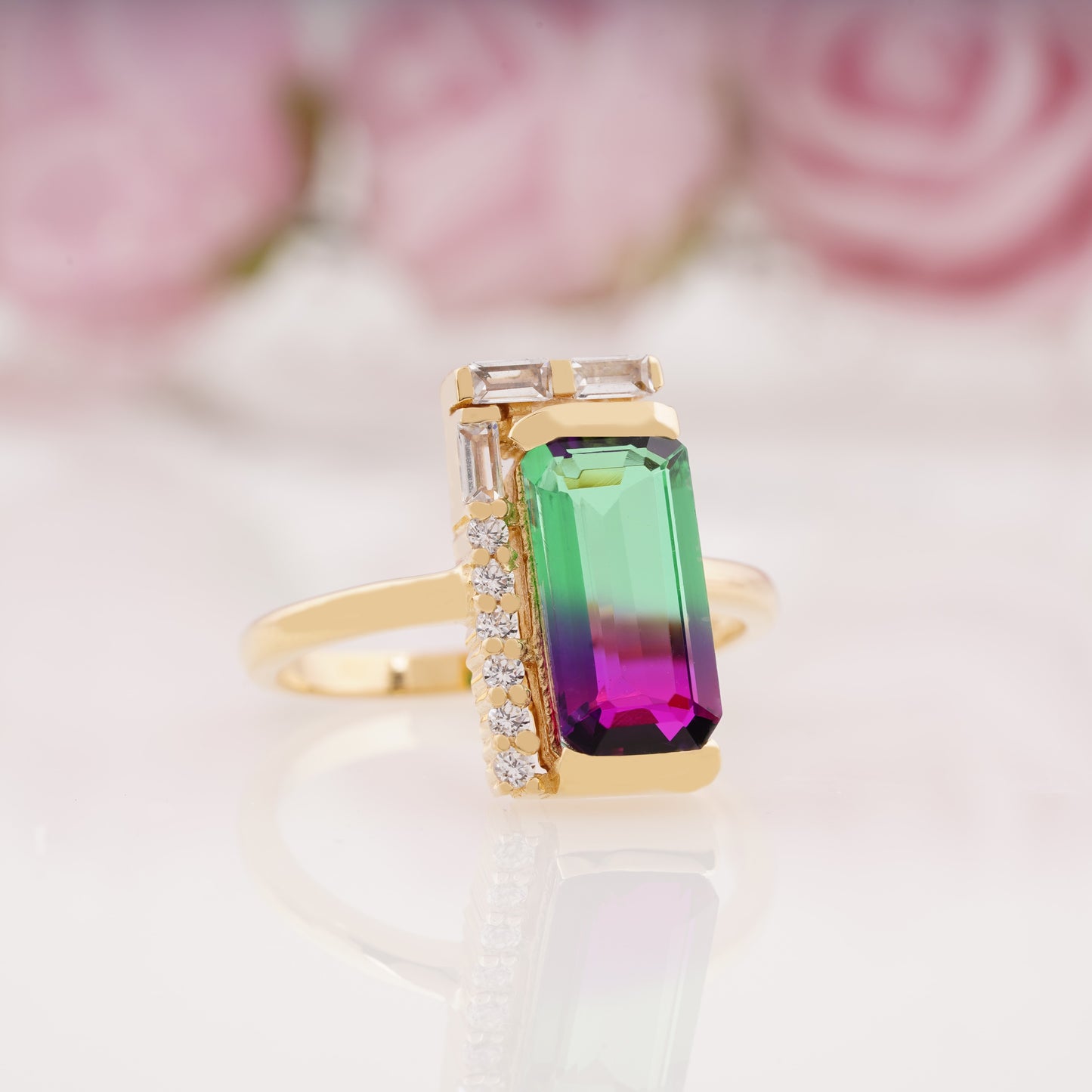 Watermelon Tourmaline Bicolor Art Deco Baguette Engagement Ring