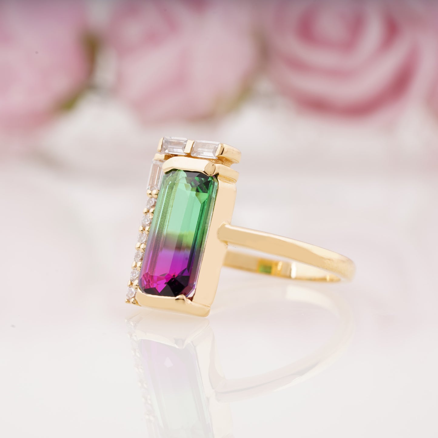Watermelon Tourmaline Bicolor Art Deco Baguette Engagement Ring