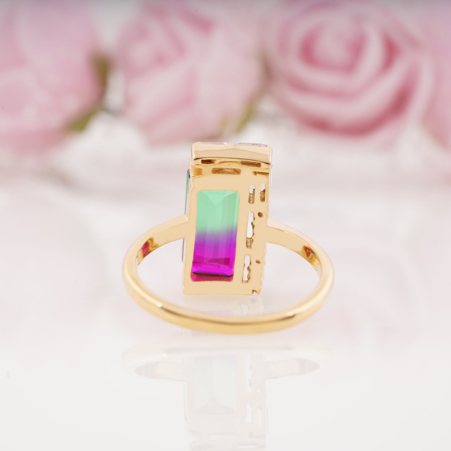 Watermelon Tourmaline Bicolor Art Deco Baguette Engagement Ring