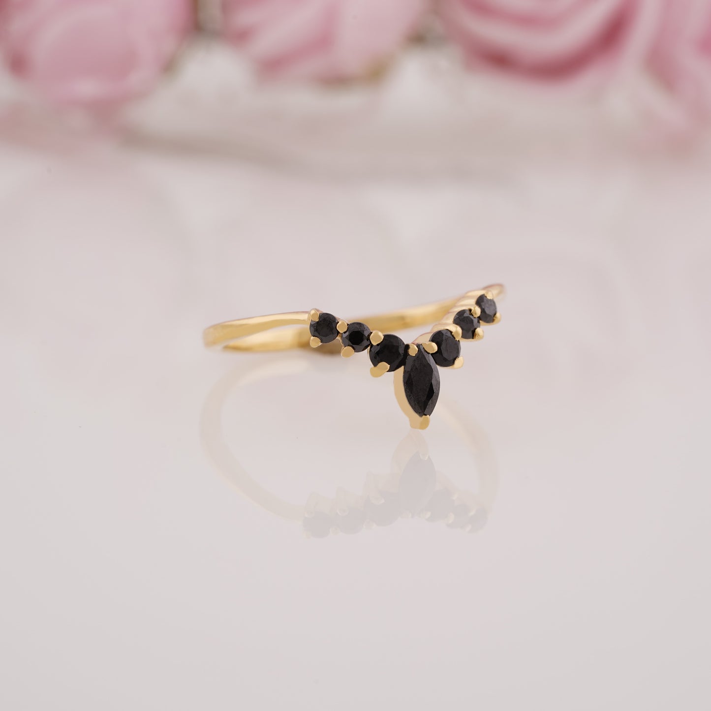 Marquise Cut Black Onyx Stackable Curved Wedding Band