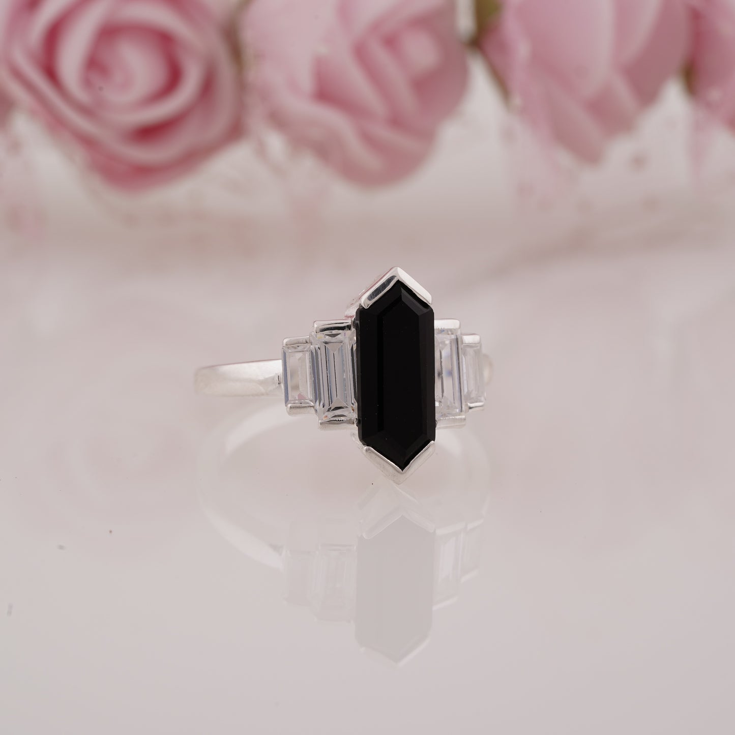 Hexagon Cut Onyx and Side Baguette Moissanite Five Stone Engagement Ring