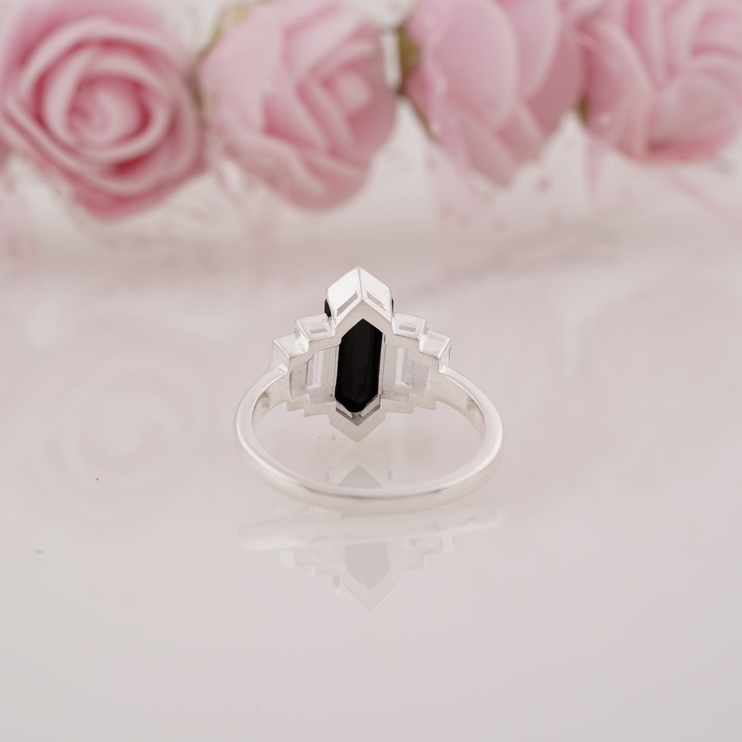 Hexagon Cut Onyx and Side Baguette Moissanite Five Stone Engagement Ring