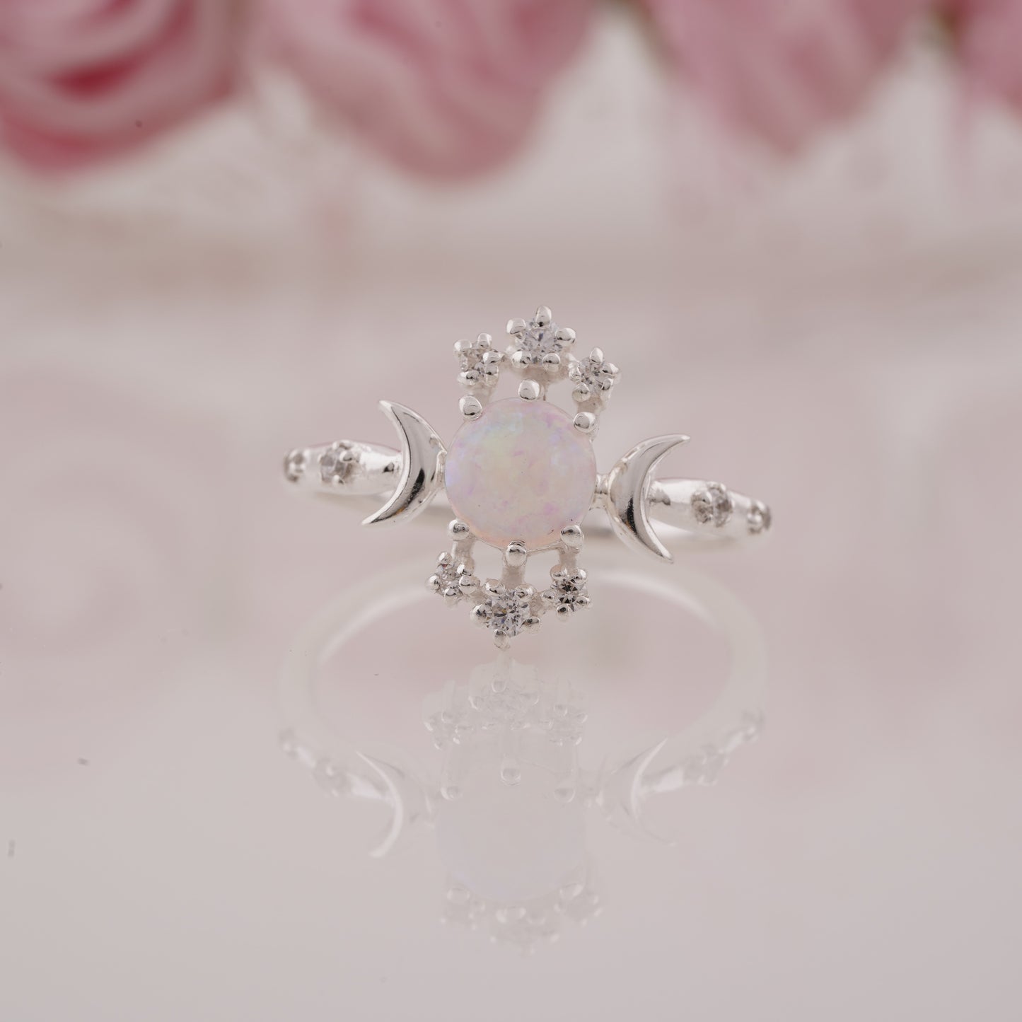 Round Cut Fire Opal And Moissanite Moon Crescent Engagement Ring