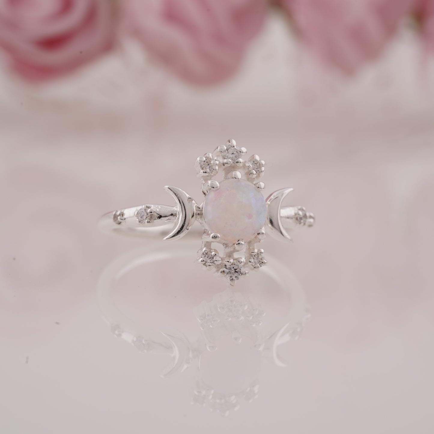 Round Cut Fire Opal And Moissanite Moon Crescent Engagement Ring
