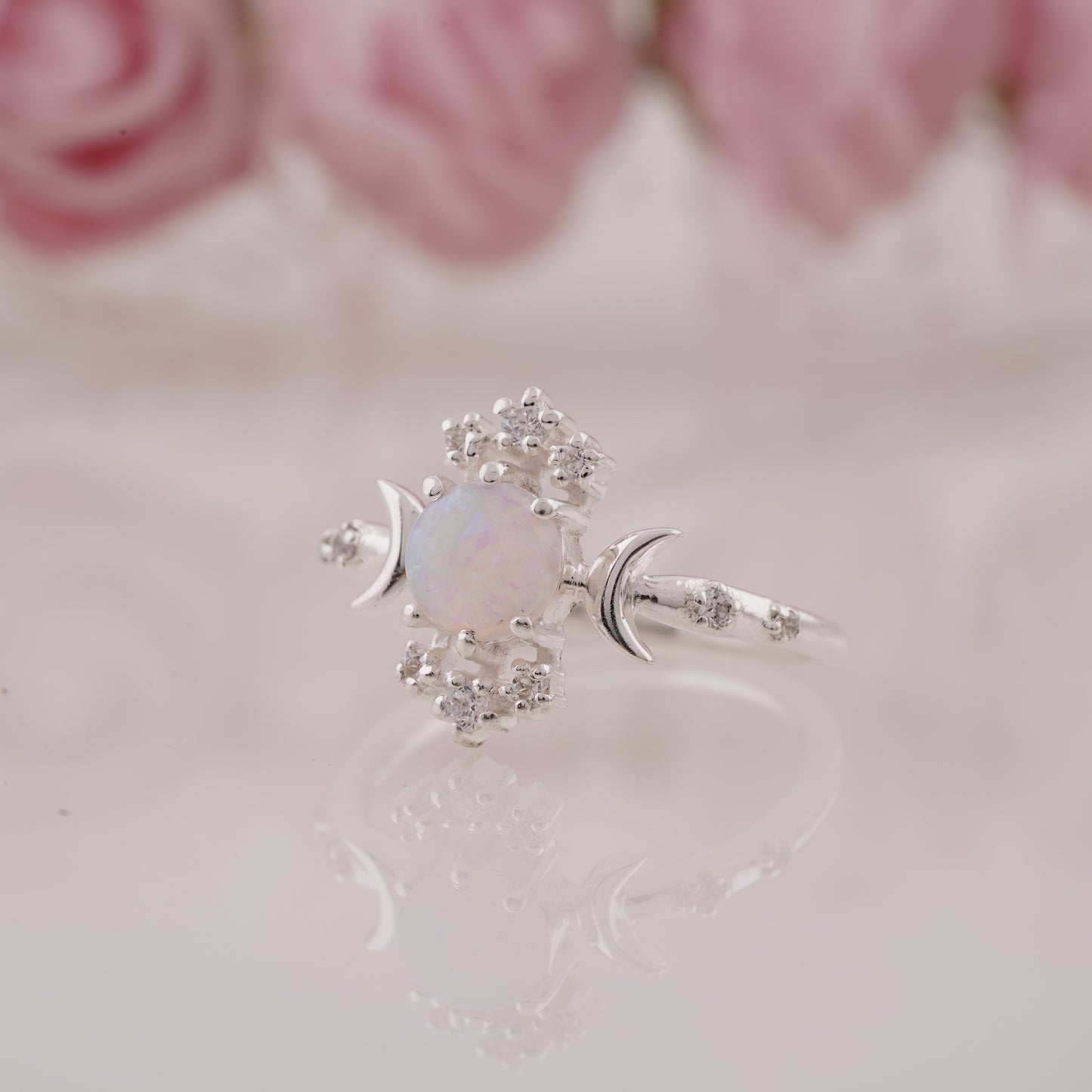 Round Cut Fire Opal And Moissanite Moon Crescent Engagement Ring