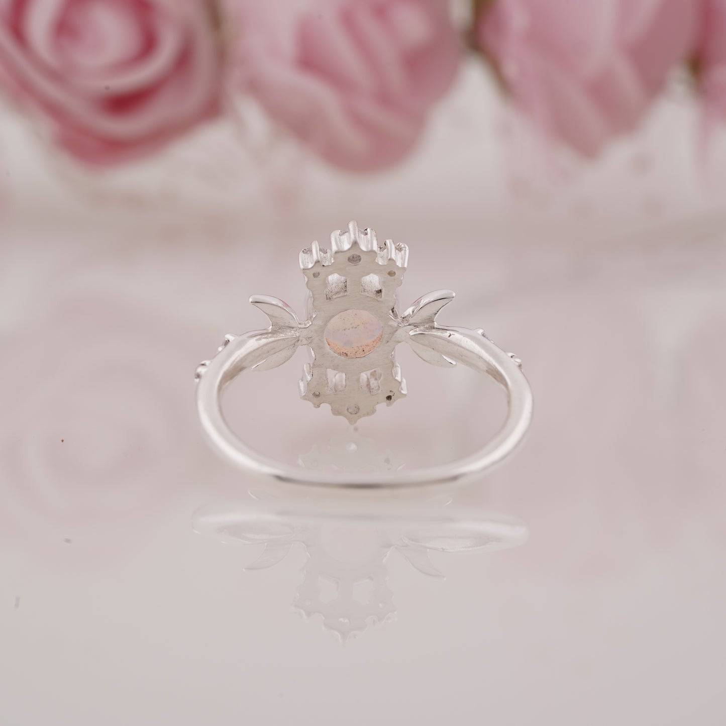 Round Cut Fire Opal And Moissanite Moon Crescent Engagement Ring