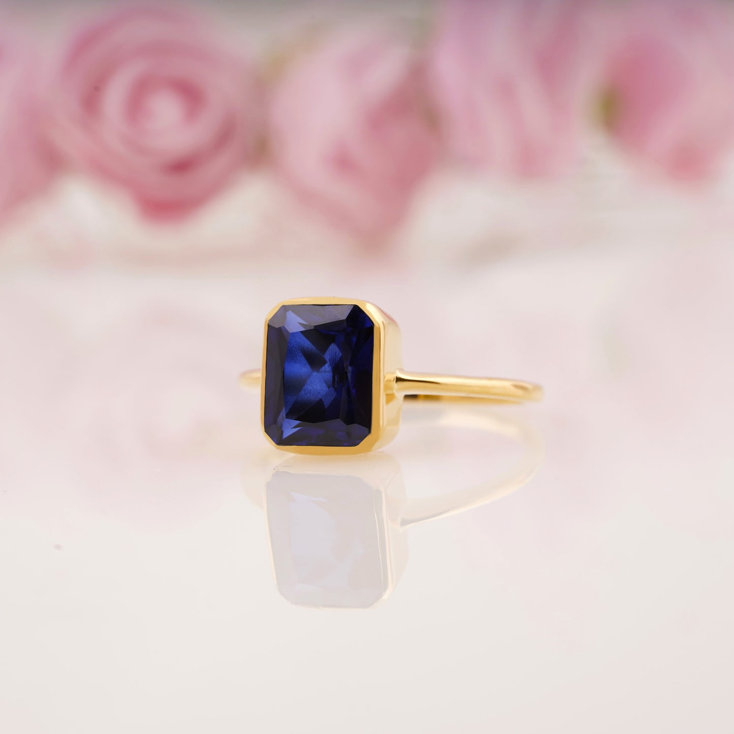 Dainty Emerald Cut Blue Sapphire Solitaire Engagement Ring For Women.