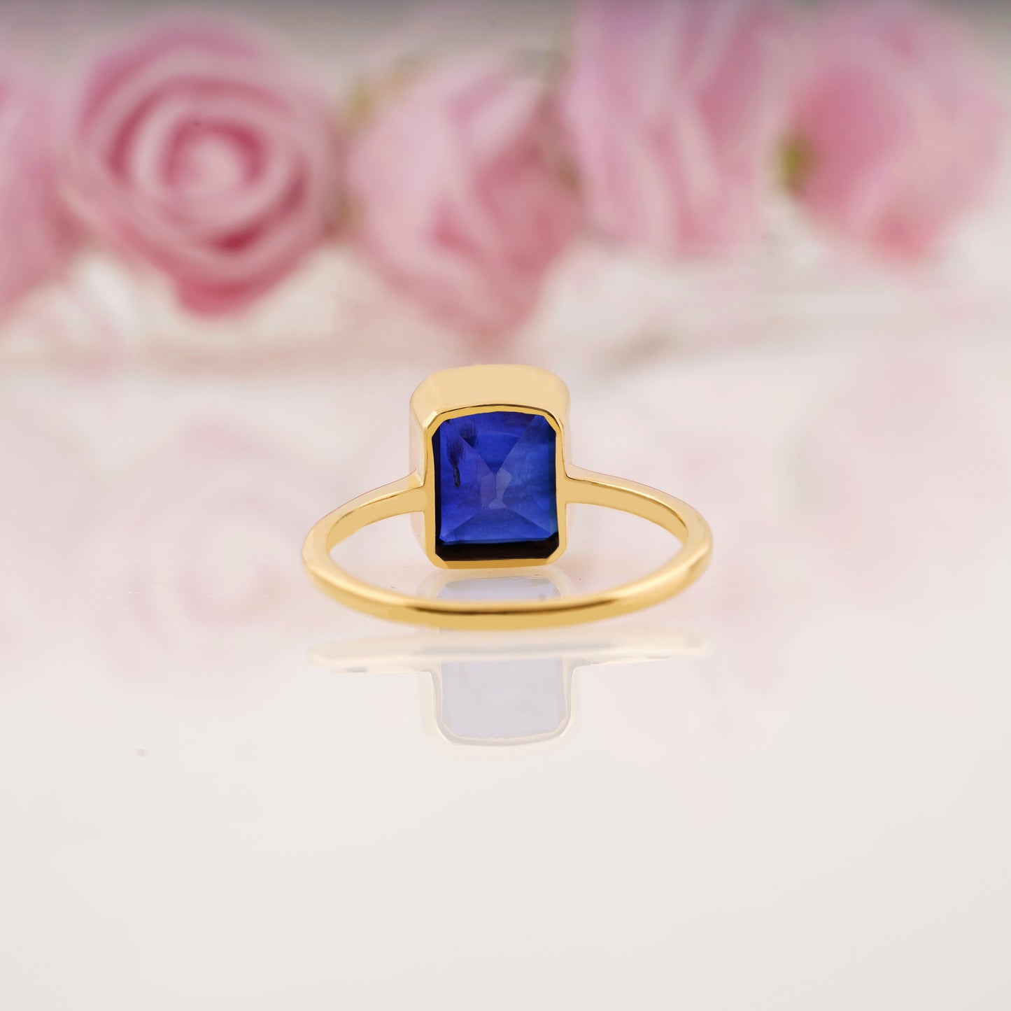 Dainty Emerald Cut Blue Sapphire Solitaire Engagement Ring For Women.