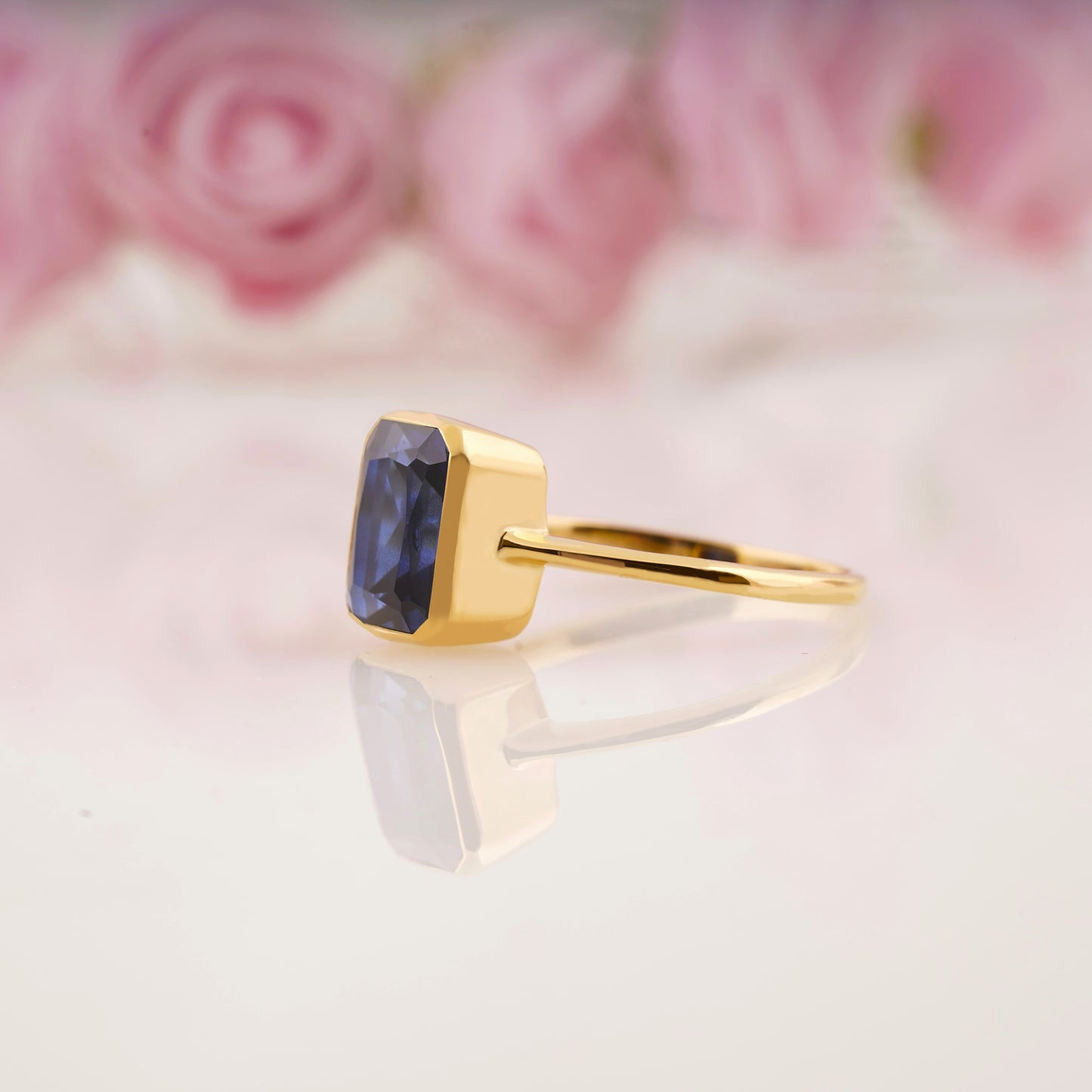 Dainty Emerald Cut Blue Sapphire Solitaire Engagement Ring For Women.