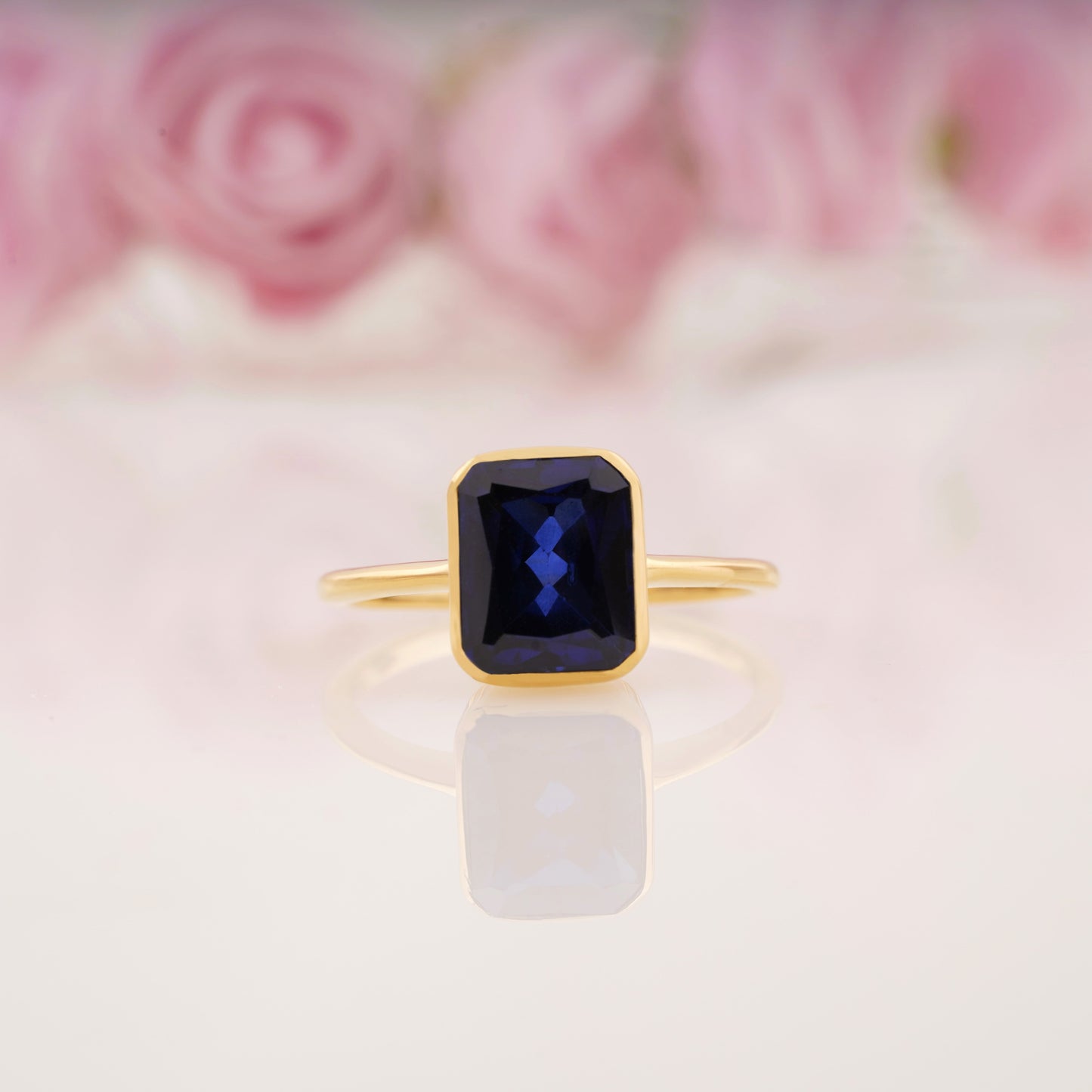 Dainty Emerald Cut Blue Sapphire Solitaire Engagement Ring For Women.