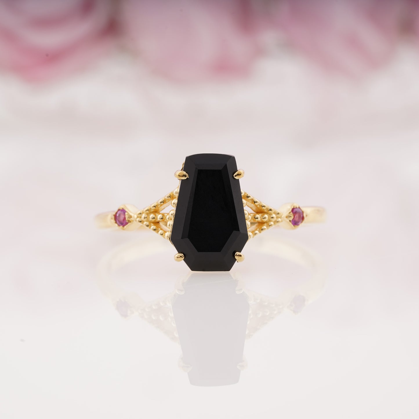 Coffin Shape Lab Grown Black Onyx Engagement Ring