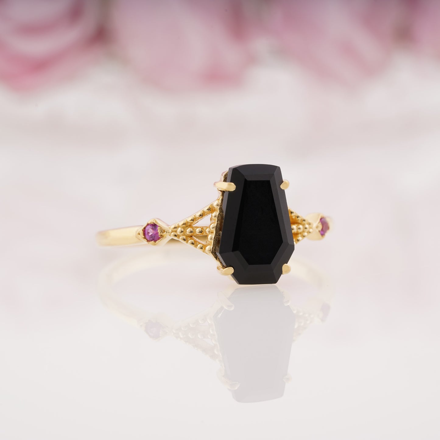 Coffin Shape Lab Grown Black Onyx Engagement Ring