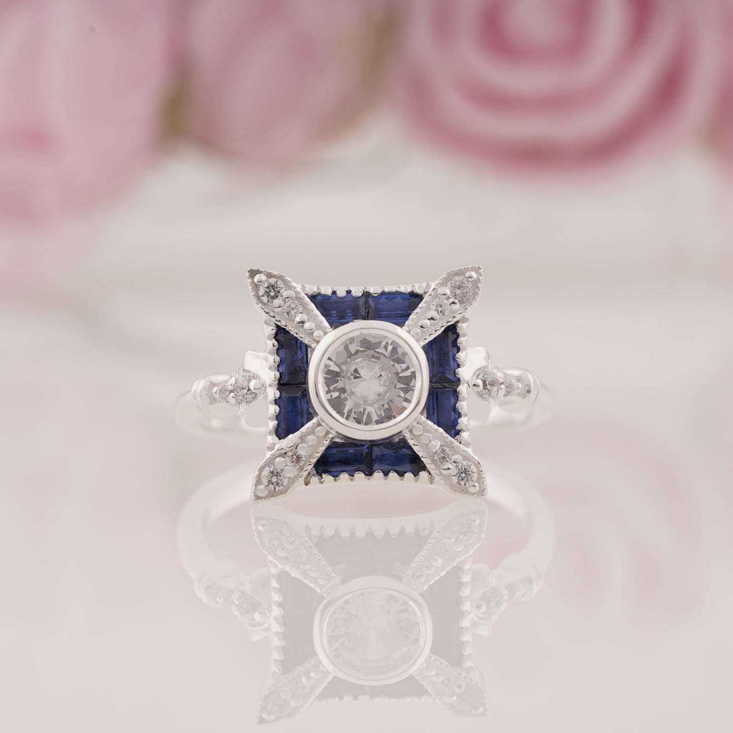 Vintage Sapphire & Moissanite Art Deco Ring Iconic Retro Ring Old European Style Engagement Ring