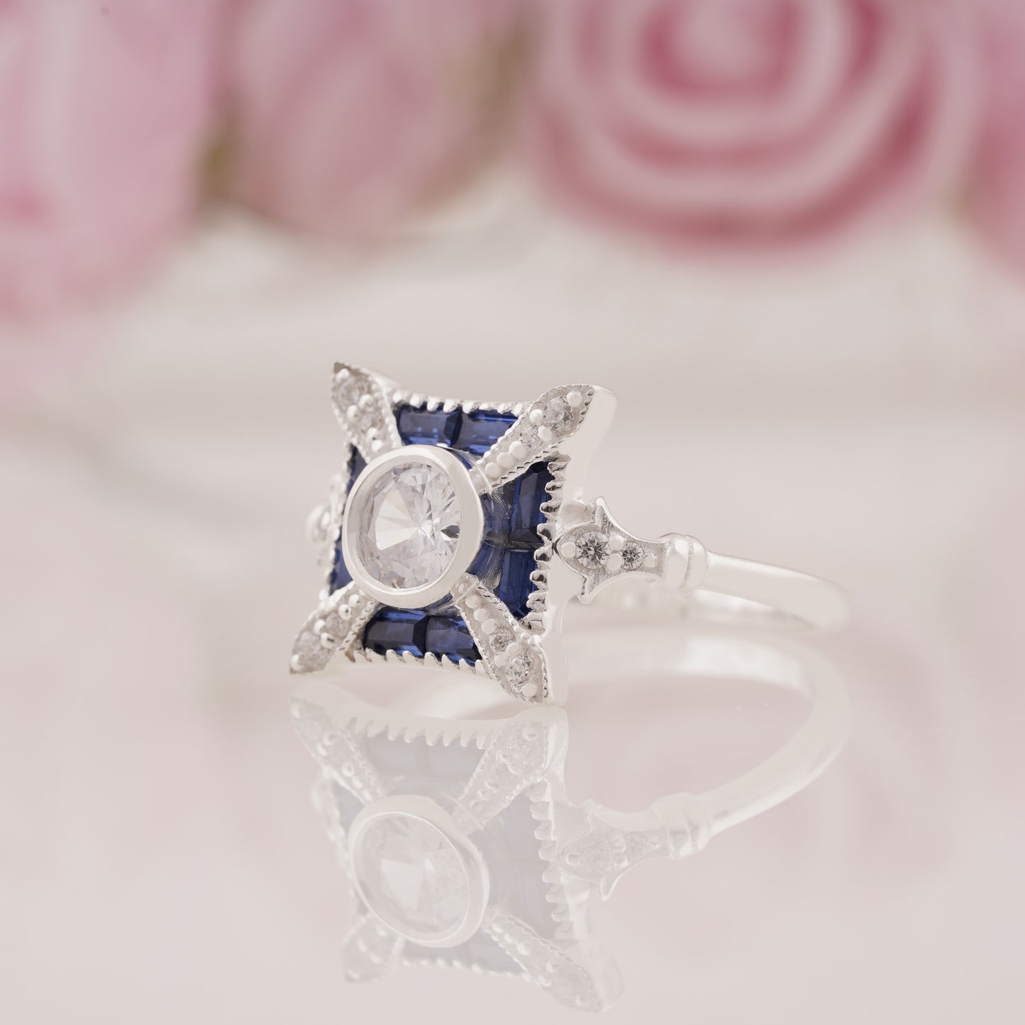 Vintage Sapphire & Moissanite Art Deco Ring Iconic Retro Ring Old European Style Engagement Ring