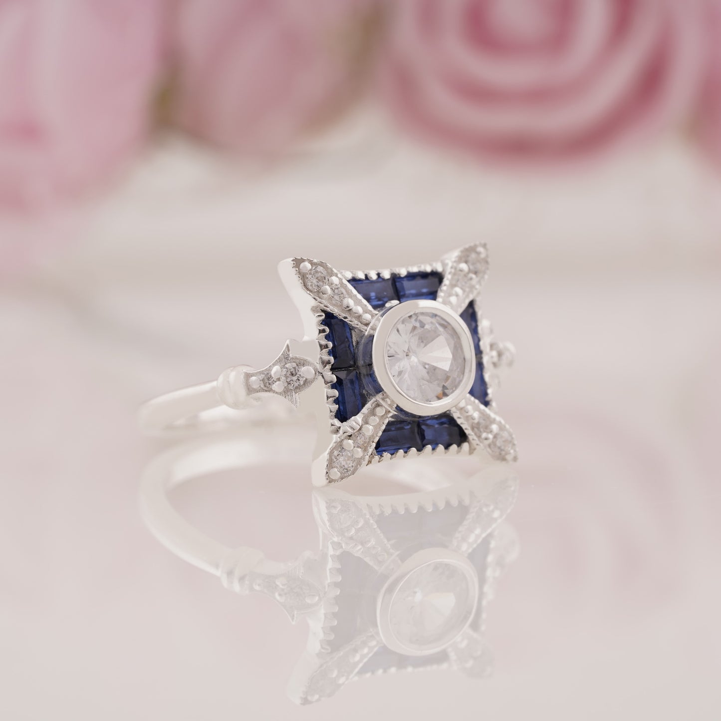 Vintage Sapphire & Moissanite Art Deco Ring Iconic Retro Ring Old European Style Engagement Ring