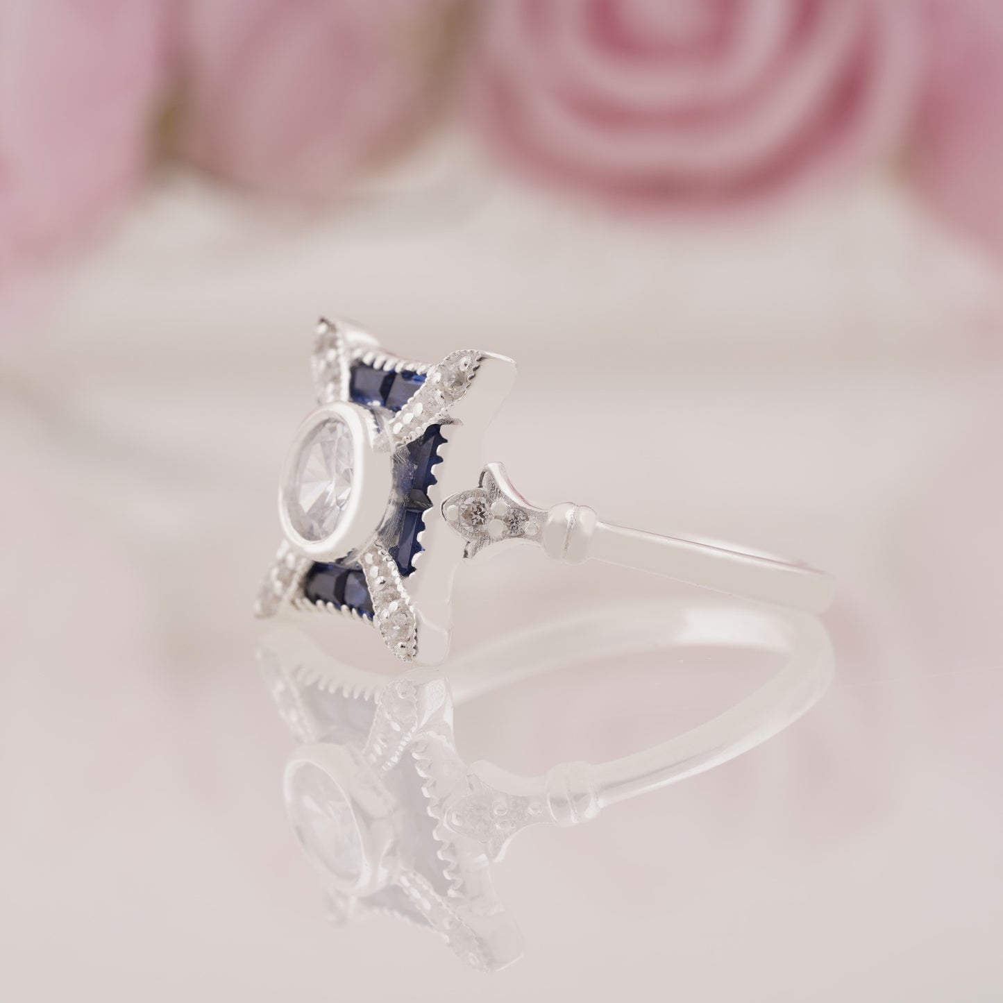 Vintage Sapphire & Moissanite Art Deco Ring Iconic Retro Ring Old European Style Engagement Ring