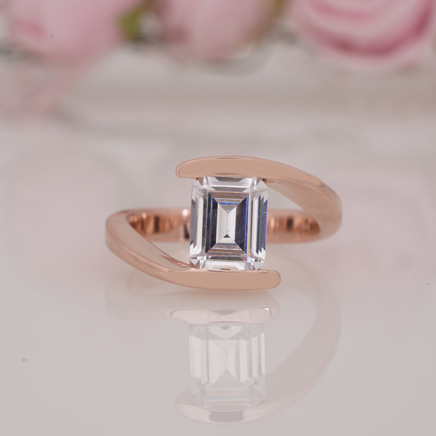Solitaire Emerald-Shaped Moissanite Bypass Engagement Ring