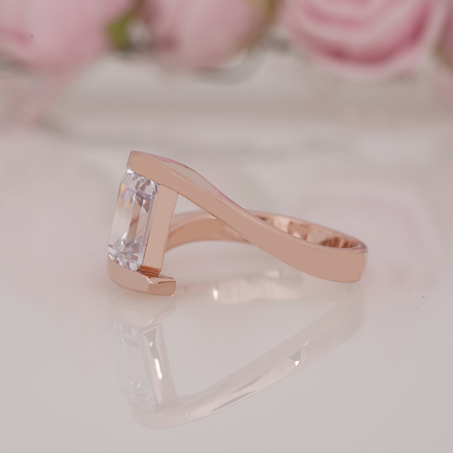Solitaire Emerald-Shaped Moissanite Bypass Engagement Ring