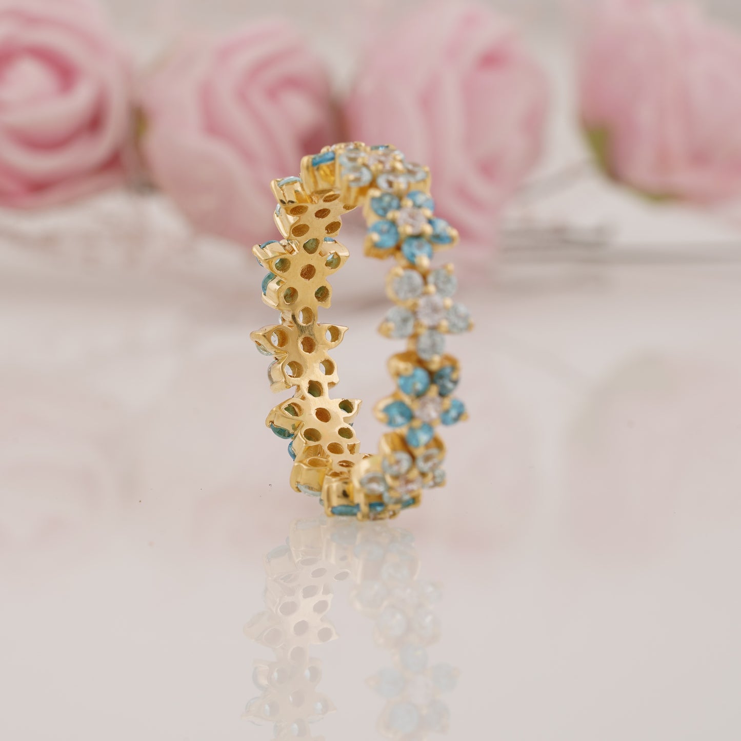 Stunning Aquamarine and Moissanite Flower Full Eternity Band