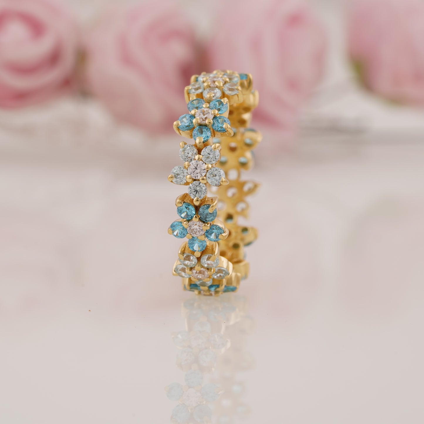 Stunning Aquamarine and Moissanite Flower Full Eternity Band