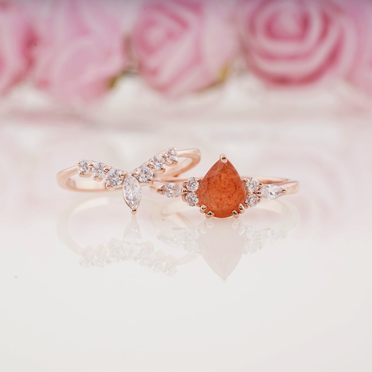 Pear Sunstone Ring and Moissanite Curved Wedding Band Engagement Ring Set