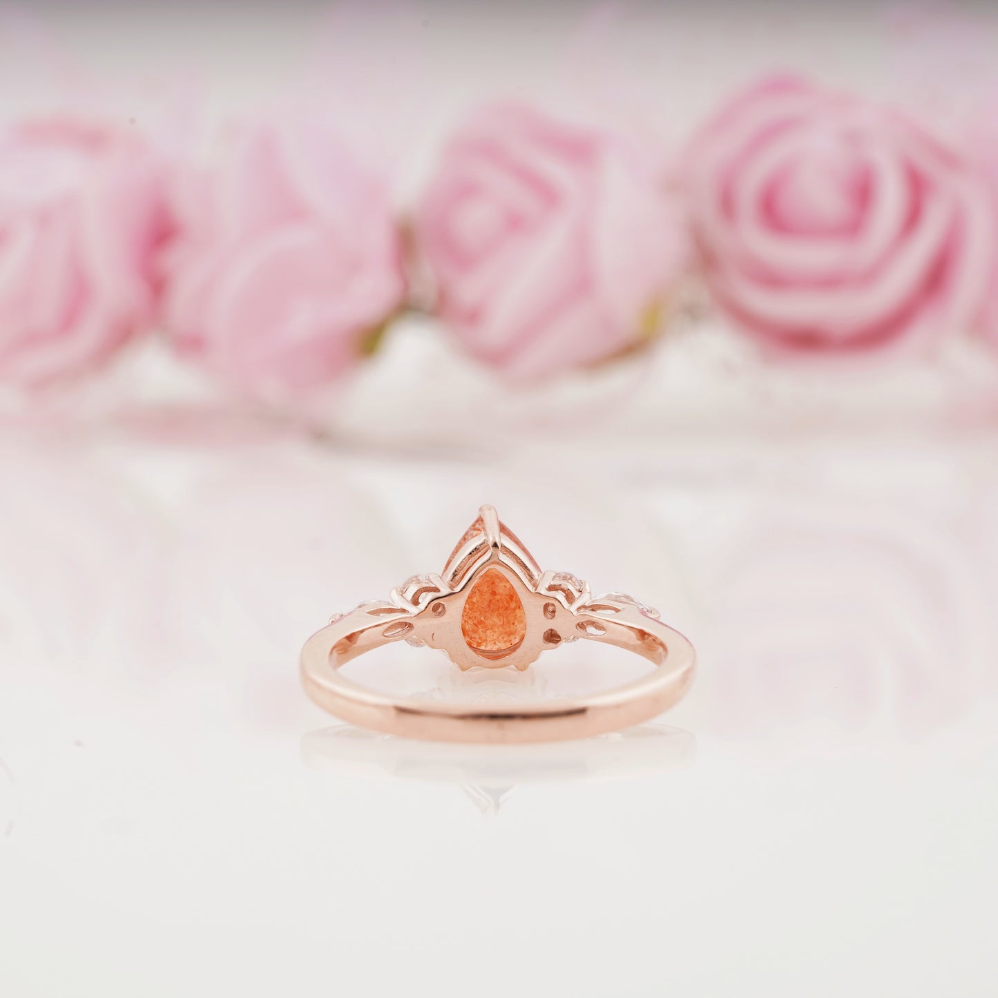 Pear Sunstone Ring and Moissanite Curved Wedding Band Engagement Ring Set