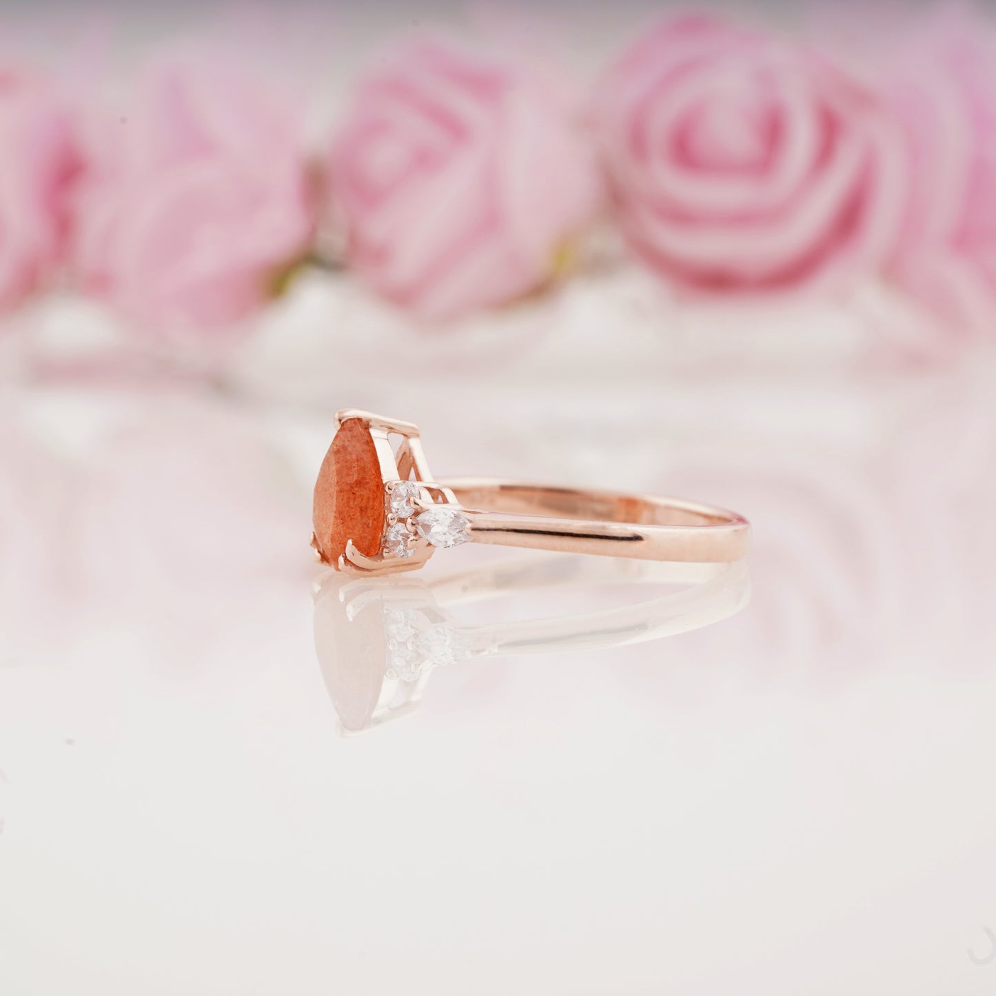 Pear Sunstone Ring and Moissanite Curved Wedding Band Engagement Ring Set