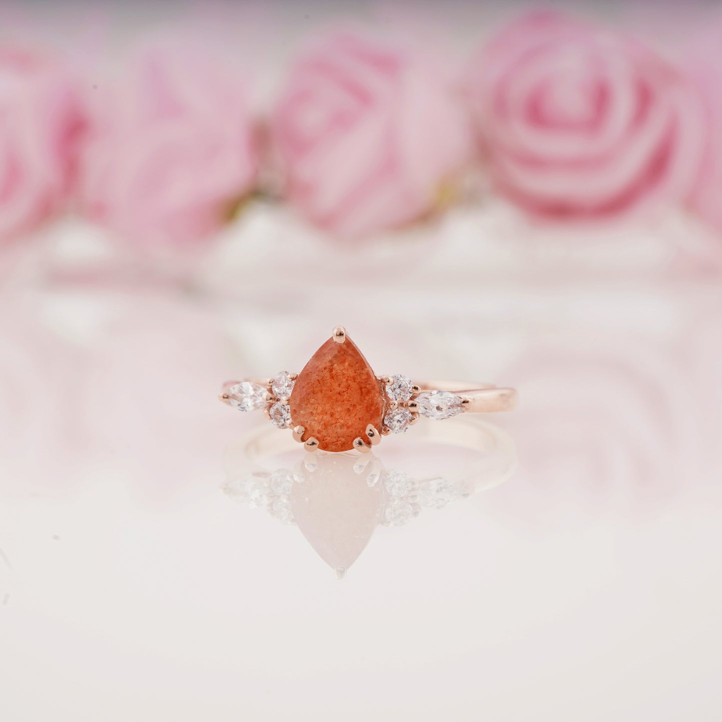 Pear Sunstone Ring and Moissanite Curved Wedding Band Engagement Ring Set