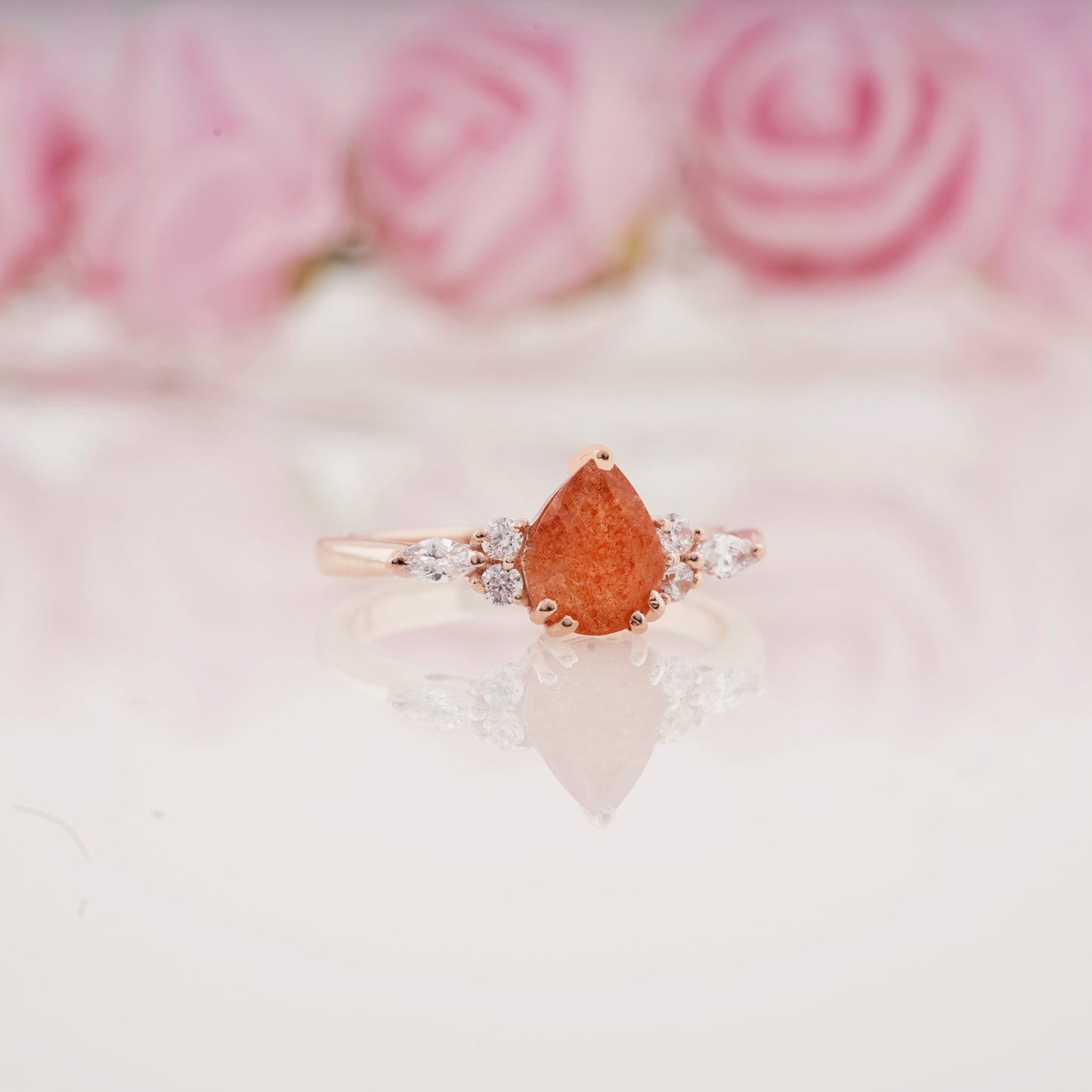 Pear Sunstone Ring and Moissanite Curved Wedding Band Engagement Ring Set