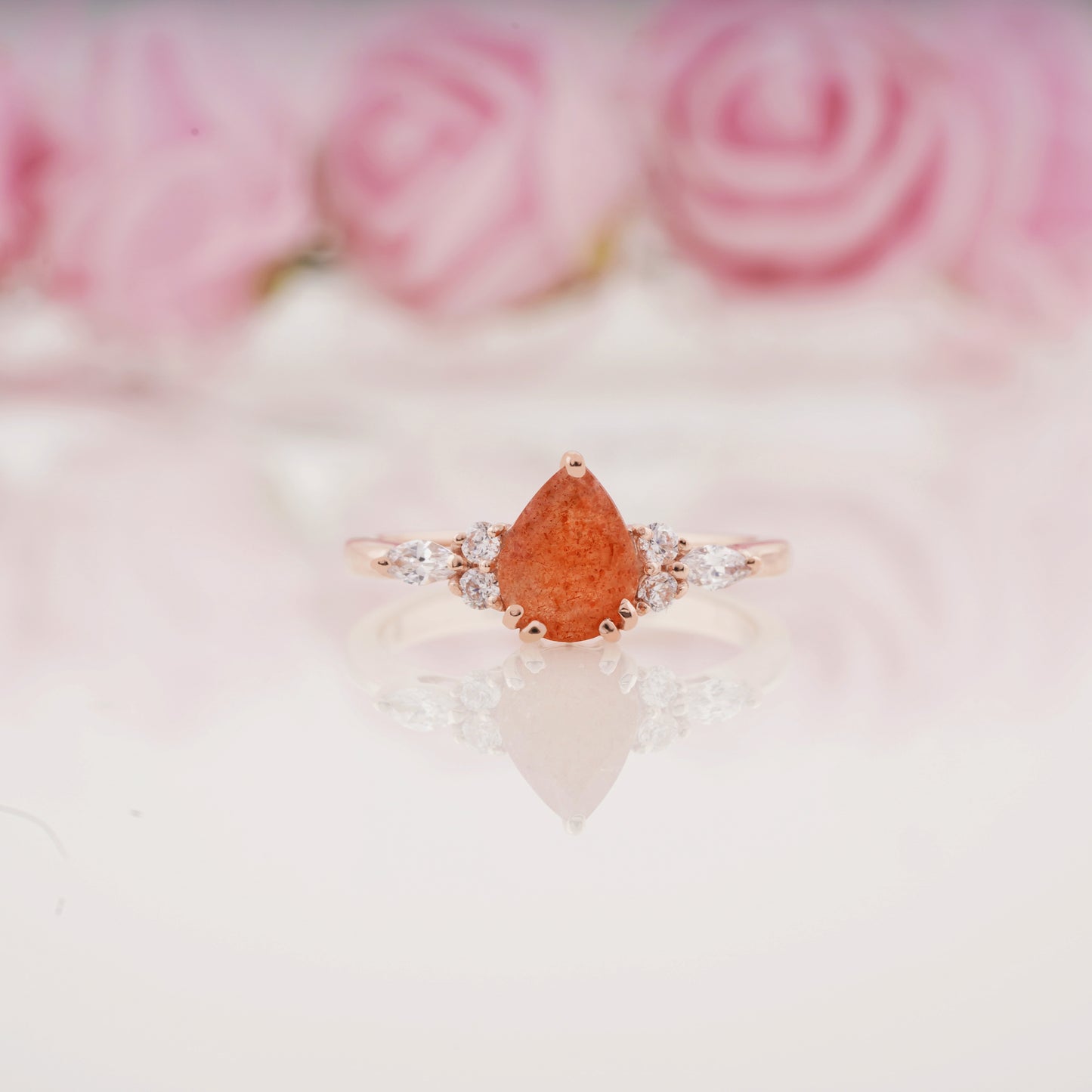 Pear Sunstone Ring and Moissanite Curved Wedding Band Engagement Ring Set