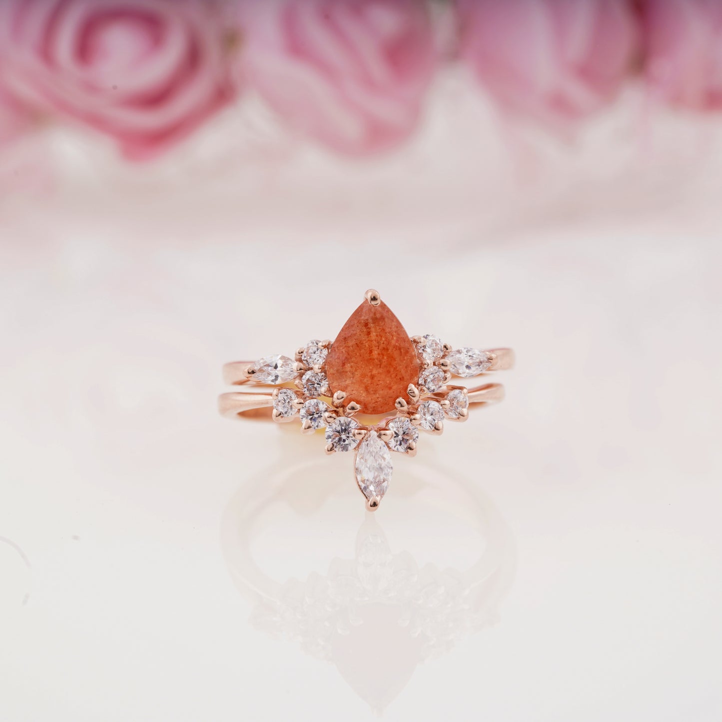 Pear Sunstone Ring and Moissanite Curved Wedding Band Engagement Ring Set