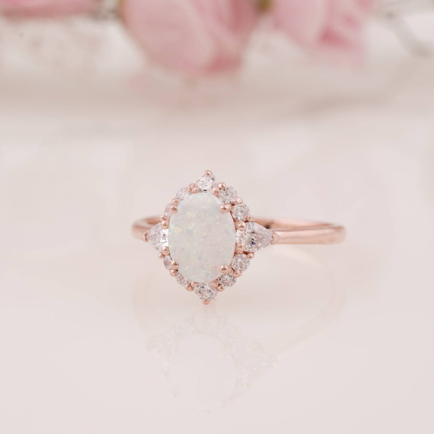 Oval Cut Lab Grown Opal Ring with Round Moissanite Curved Band Engagement Ring Set