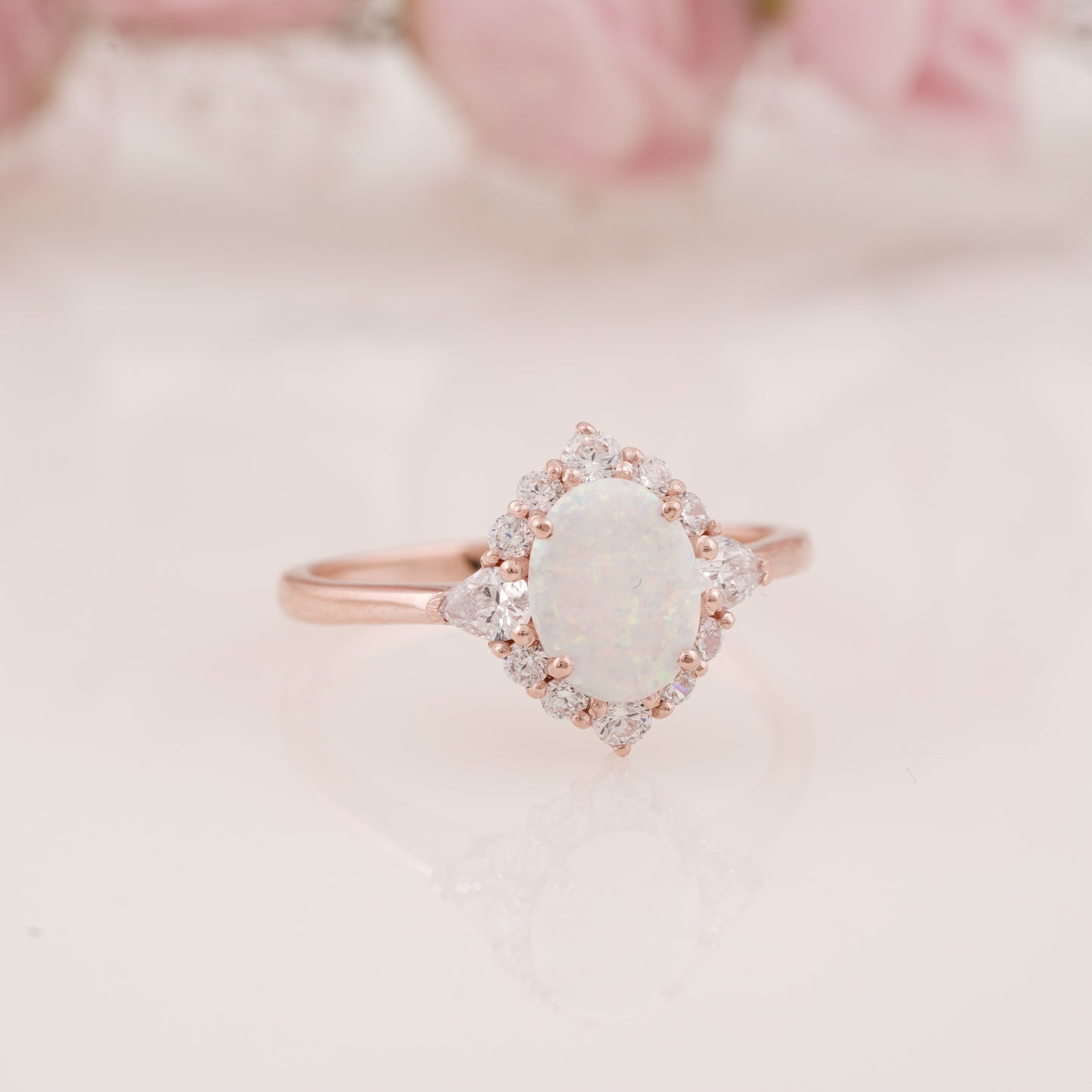 Oval Cut Lab Grown Opal Ring with Round Moissanite Curved Band Engagement Ring Set