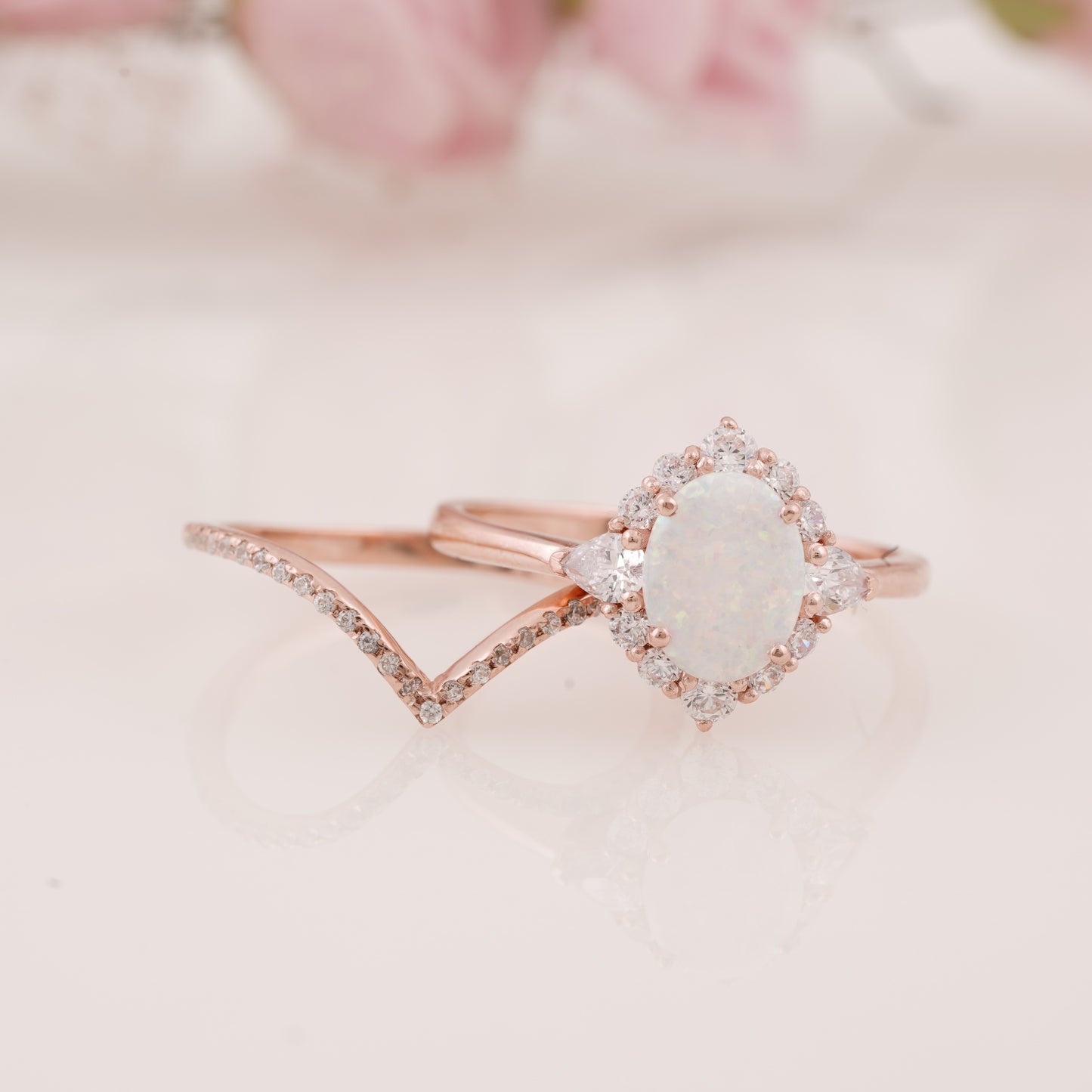 Oval Cut Lab Grown Opal Ring with Round Moissanite Curved Band Engagement Ring Set