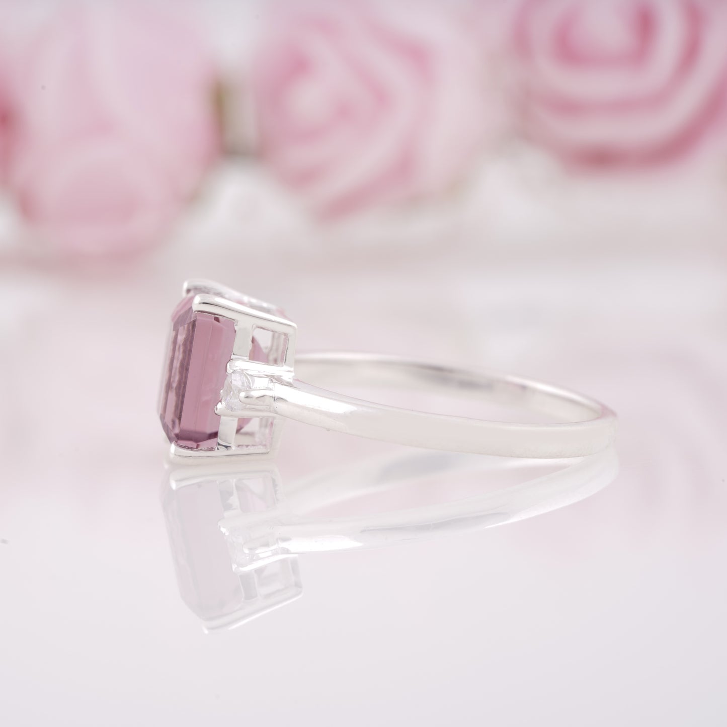 Lab Grown Emerald Cut Tourmaline Engagement Ring with Side Moissanite