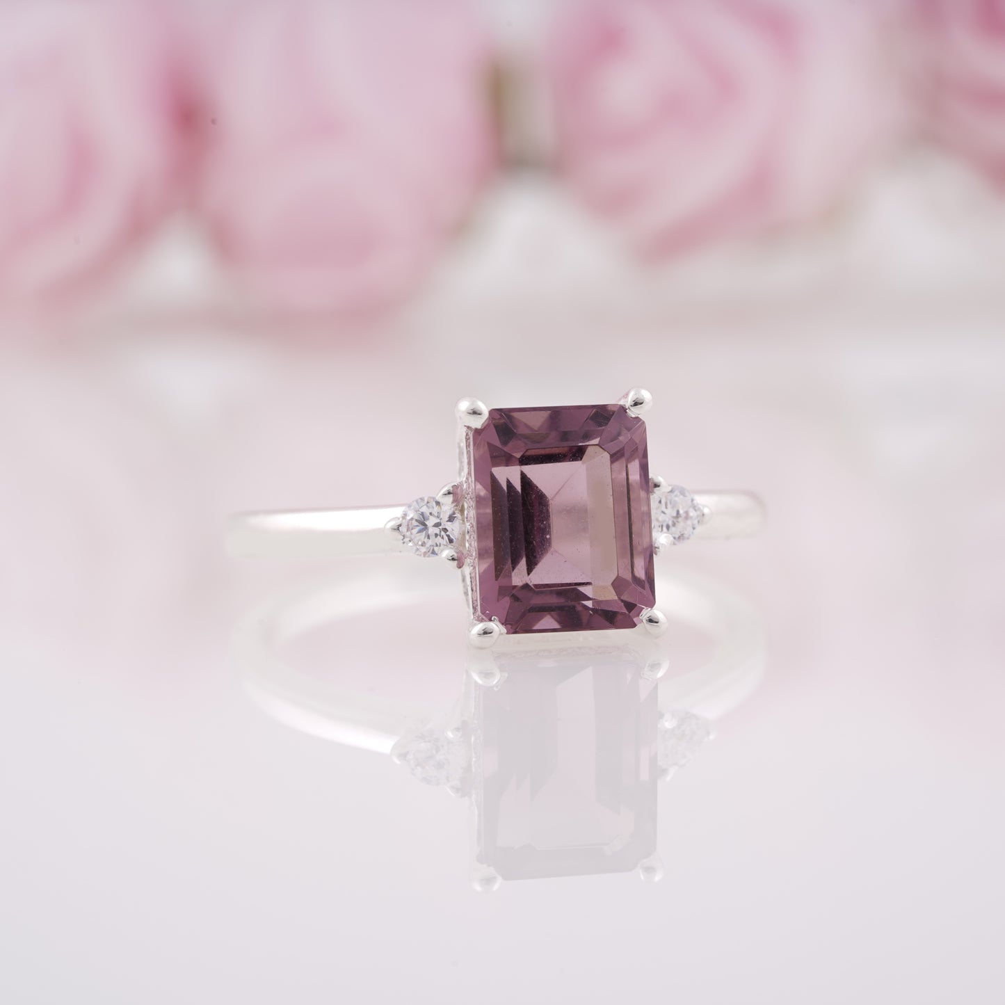 Lab Grown Emerald Cut Tourmaline Engagement Ring with Side Moissanite