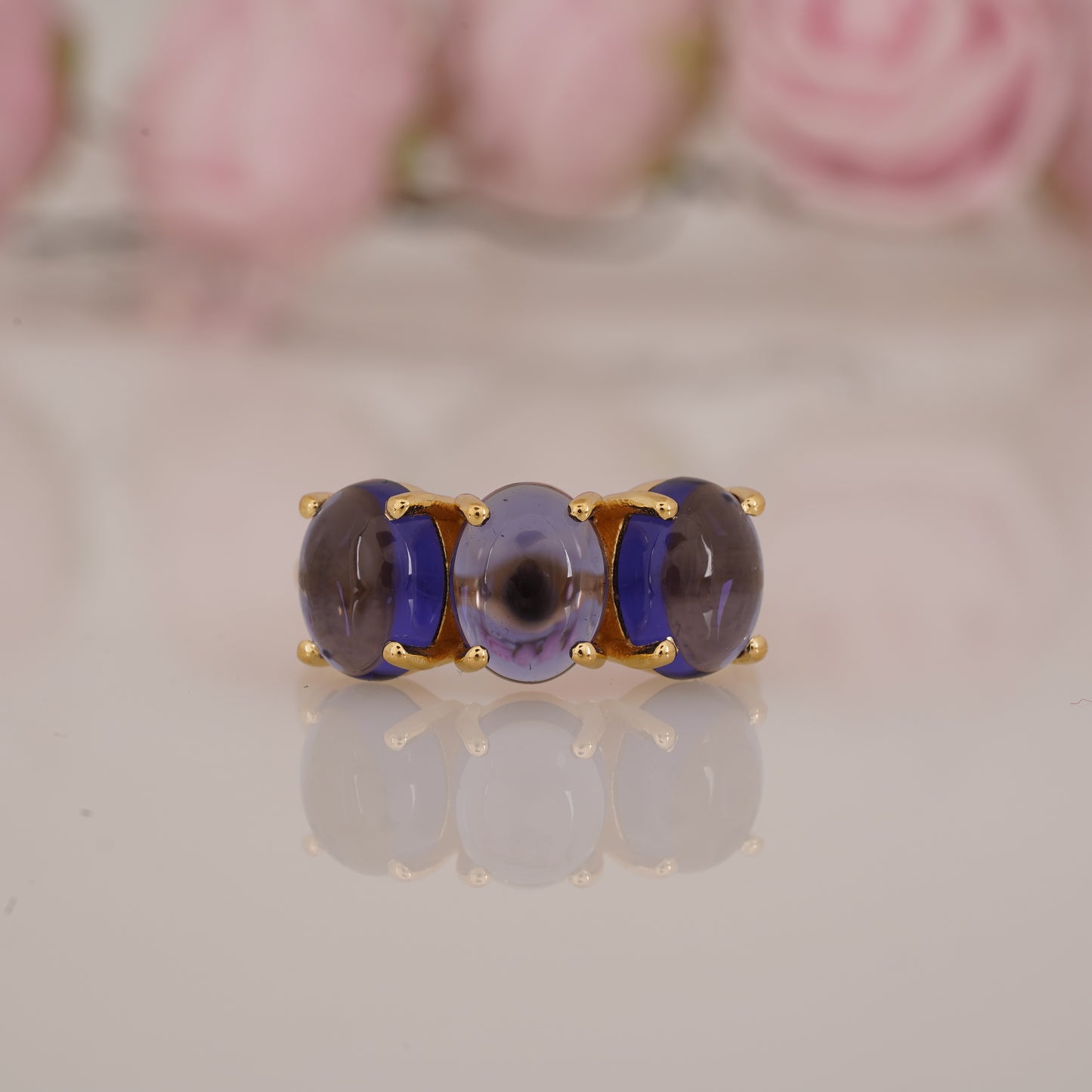 Elegant Lab-Grown Oval Shape Blue Tanzanite Three Stone Ring