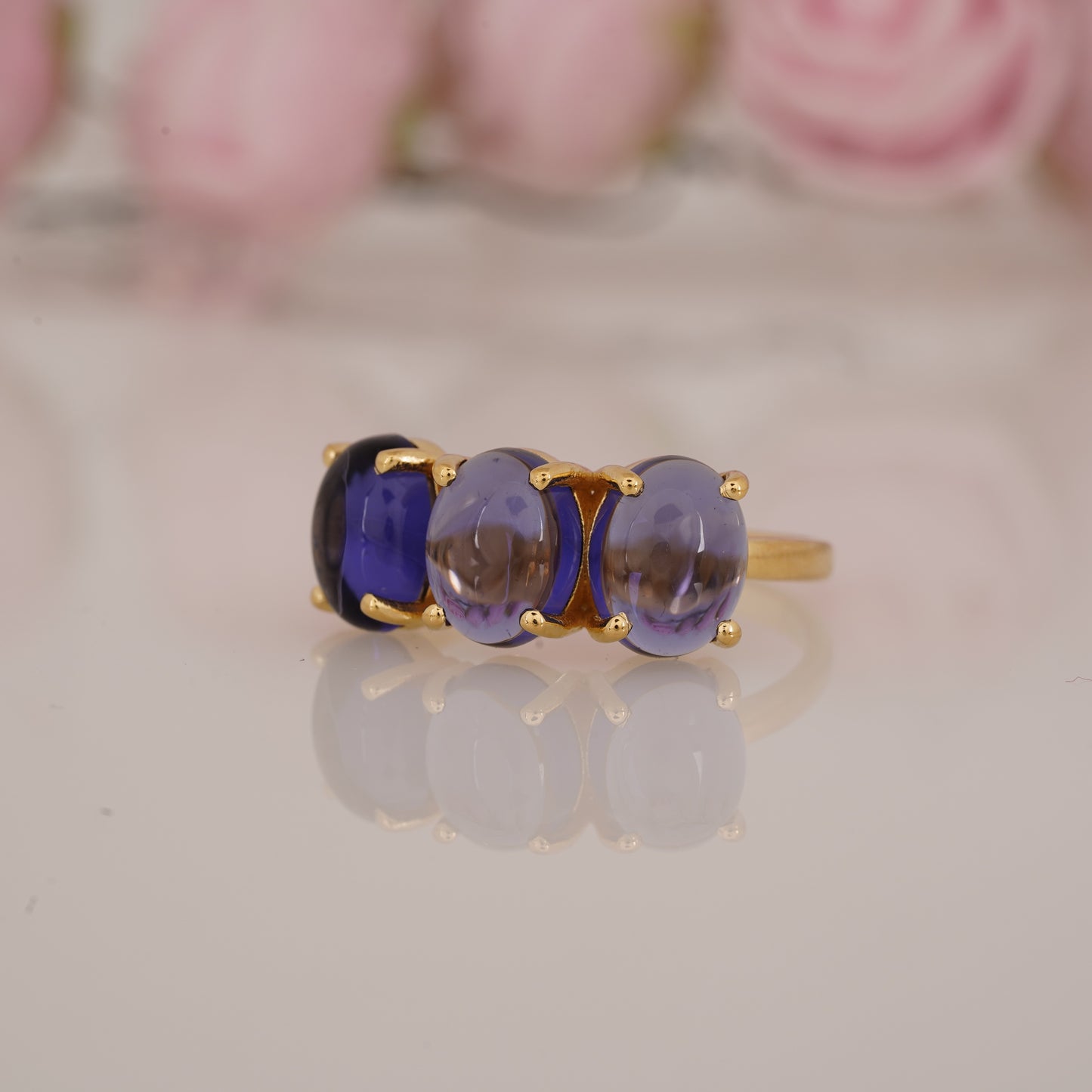 Elegant Lab-Grown Oval Shape Blue Tanzanite Three Stone Ring