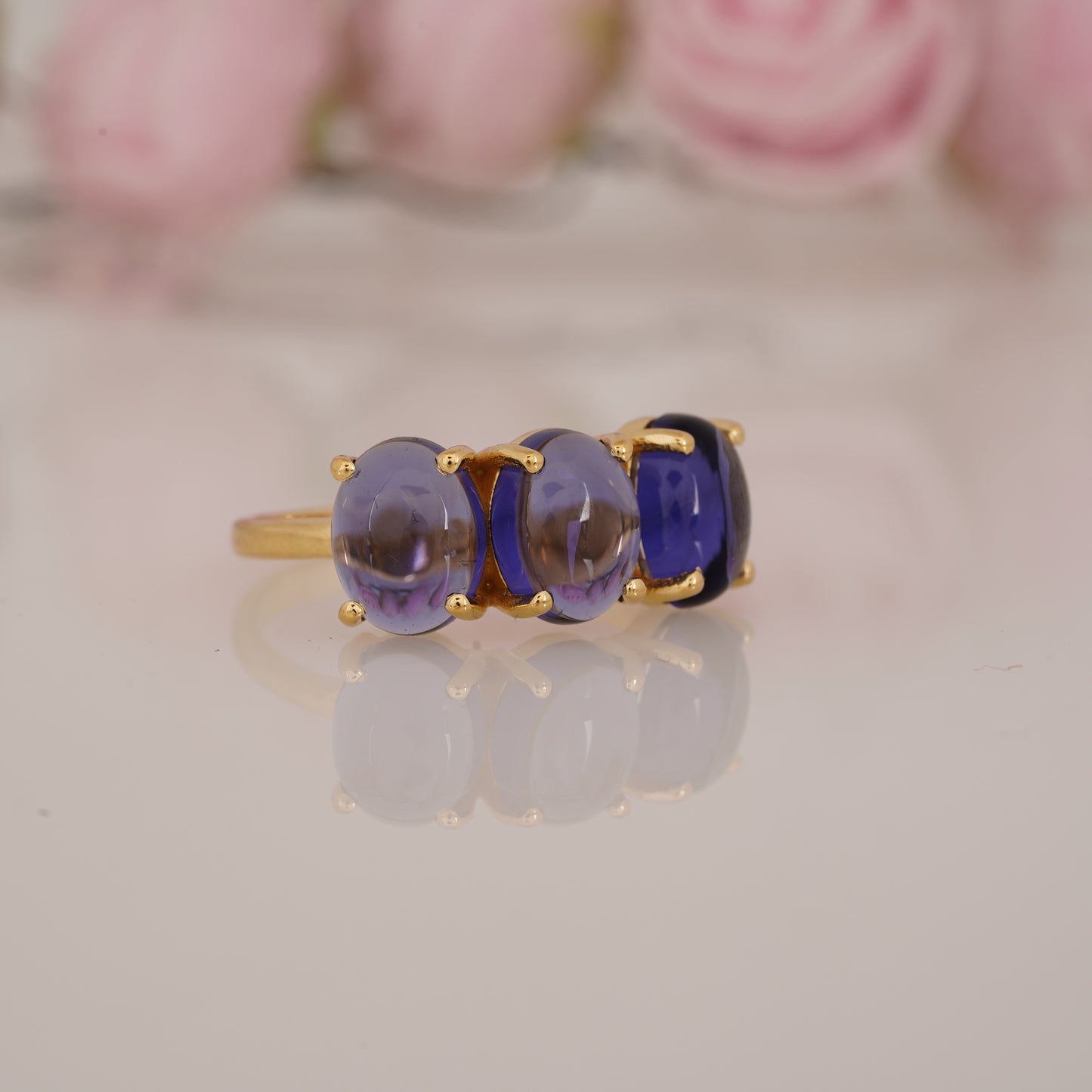 Elegant Lab-Grown Oval Shape Blue Tanzanite Three Stone Ring