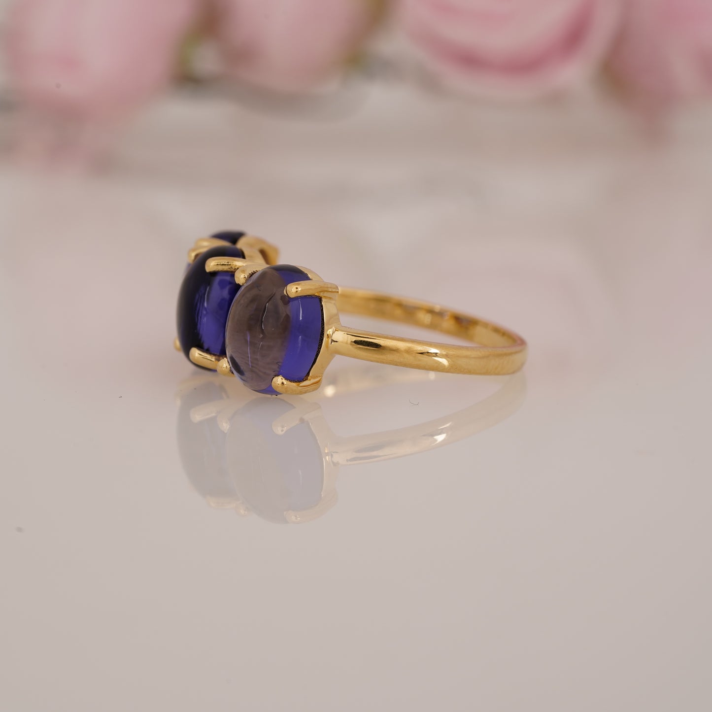 Elegant Lab-Grown Oval Shape Blue Tanzanite Three Stone Ring