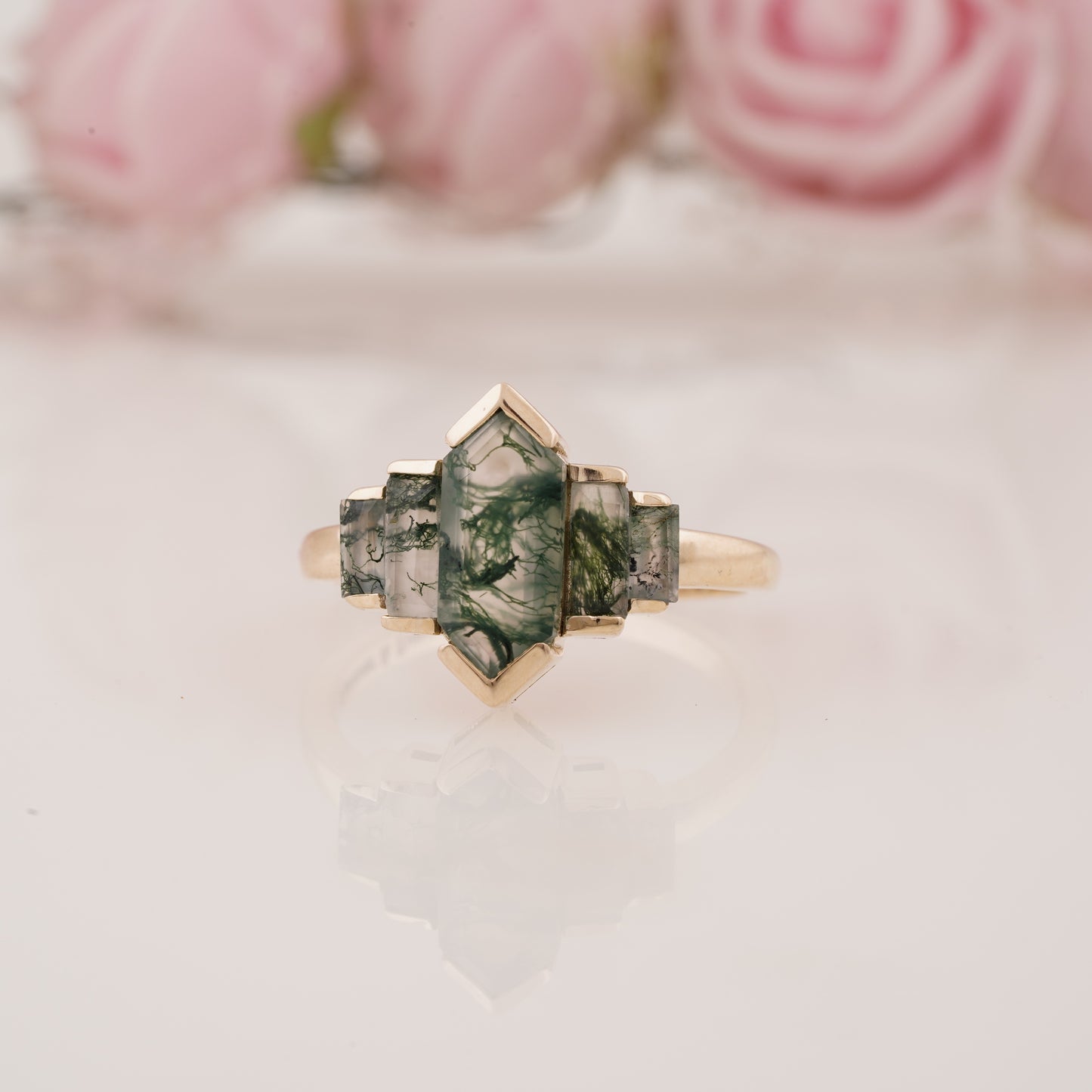 Long Hexagon Cut Onyx and Side Baguette Moissanite Five Stone Engagement Ring